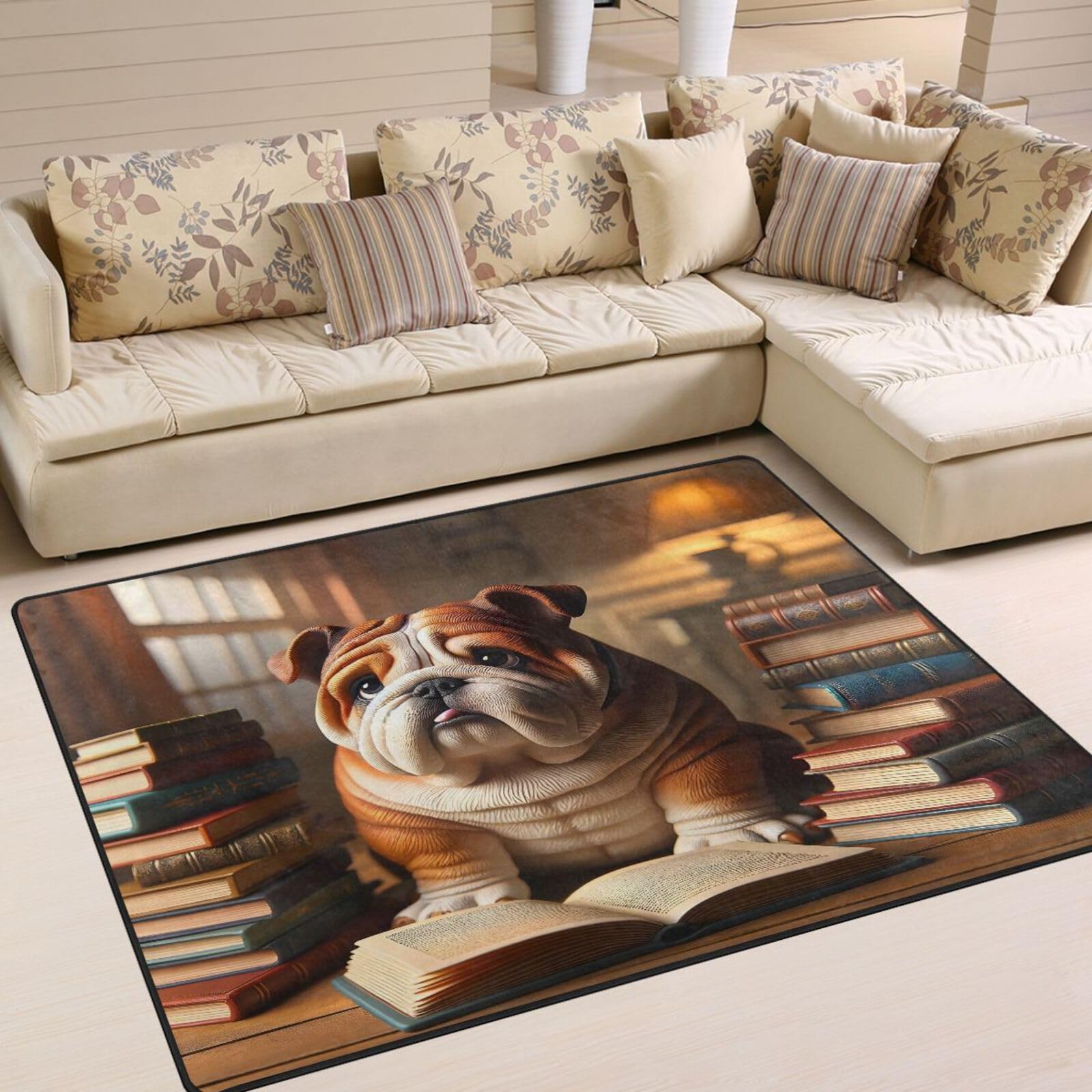 ALAZA Cute Bulldog Bookshelf Library 3D Area Rug Rugs for Living Room Bedroom 5'3
