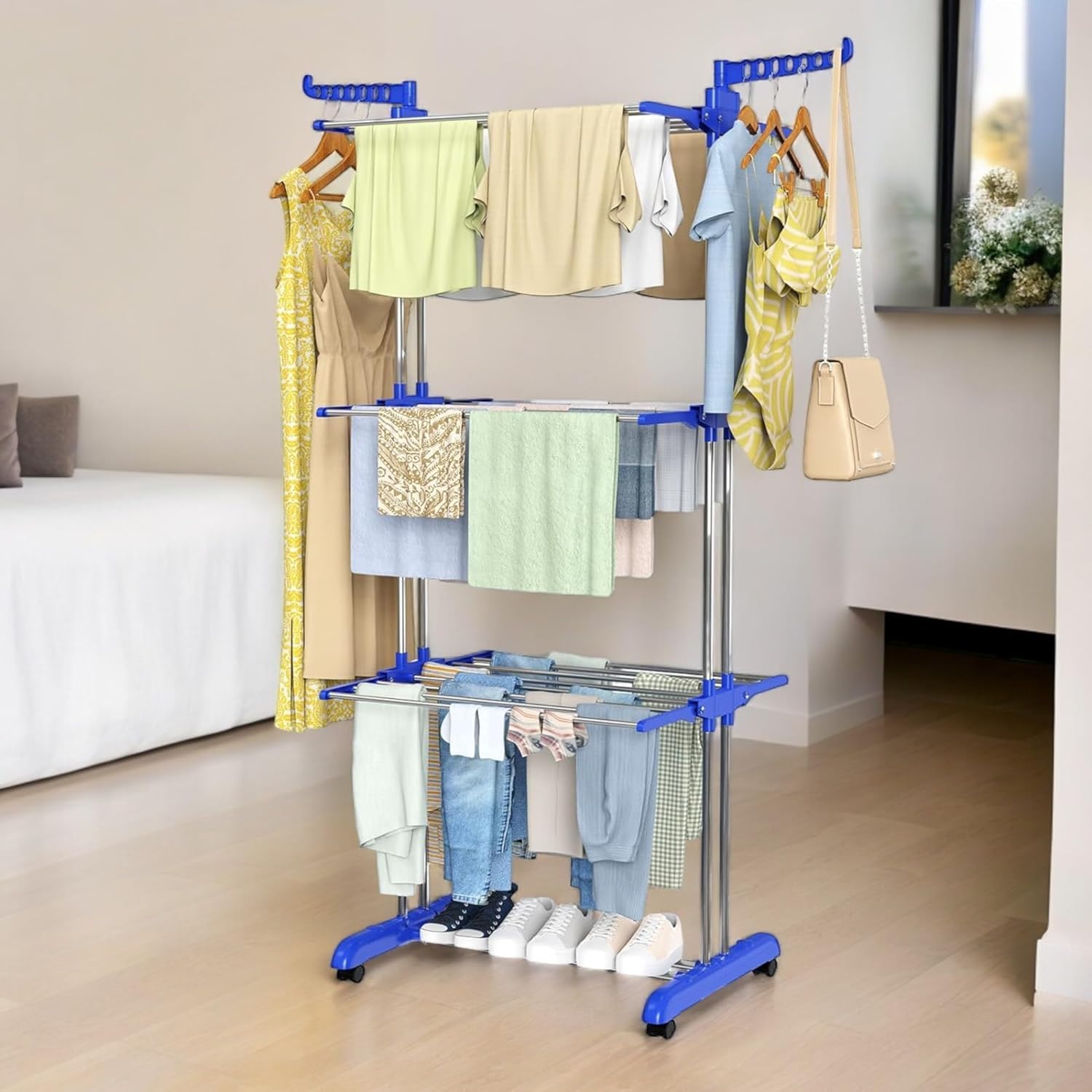 Benesta Clothes Drying Stand | 3-Tier Foldable Clothes Hanger | Large Stainless Steel Garment Laundry Racks for Indoor/Outdoor/Balcony (Blue)