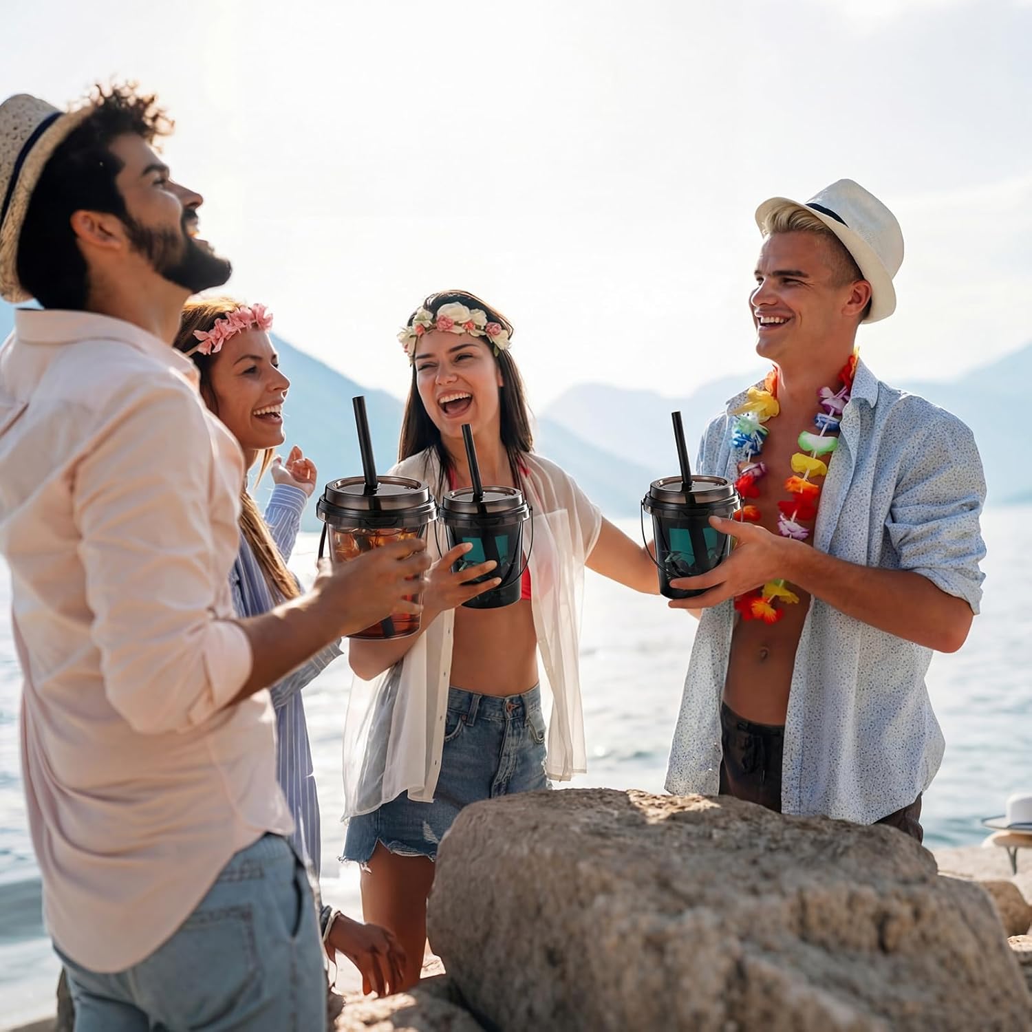 30 Set 24 oz Black Clear Drink Buckets with Lids and Straws Disposable Clear Rum Plastic Drinking Cocktail Bucket with Handles for Beverage Coffee Lemonade Pool Picnic Party Supplies