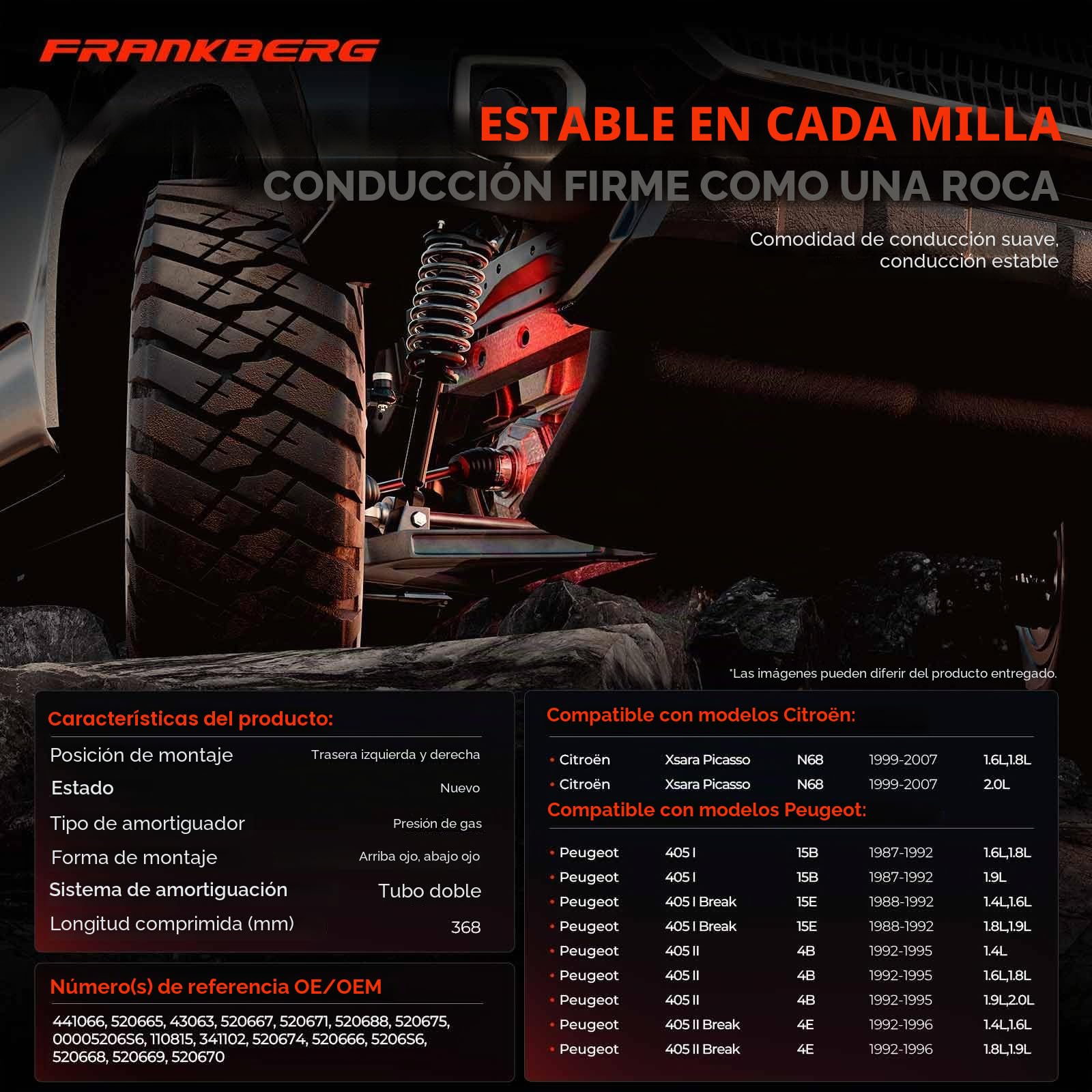 Frankberg 2 amortiguadores traseros izquierdo y derecho, para Xsara Picasso N68 1.6L-2.0L MPV 1999-2007, 405 I Break 1.4L-1.9L Kombi 1988-1992, Reemplazo #00005206S6