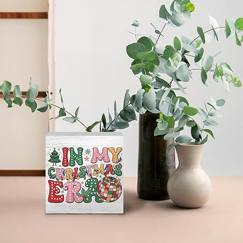 Miniatura 3 de Groovy - Letreros de madera retro con texto en inglés "Merry Christmas", decoración de época de discoteca para escritorio de oficina en casa,