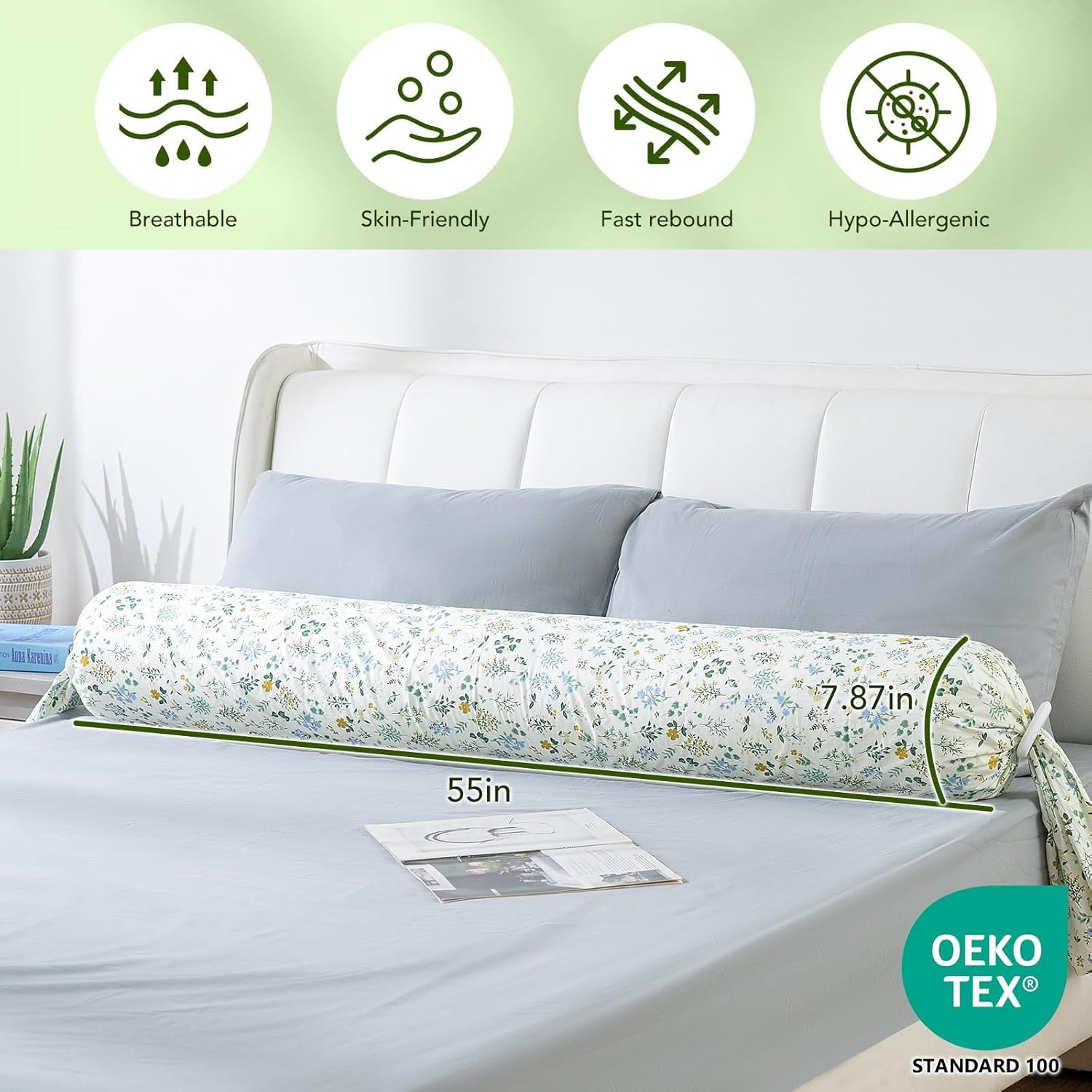 Full Body Pillow for Adults & Pregnancy - 55" Extra Long Round Cylinder Pillow for Side Sleepers, Adjustable Firmness, Breathable & Washable with Removable Floral Pillowcase