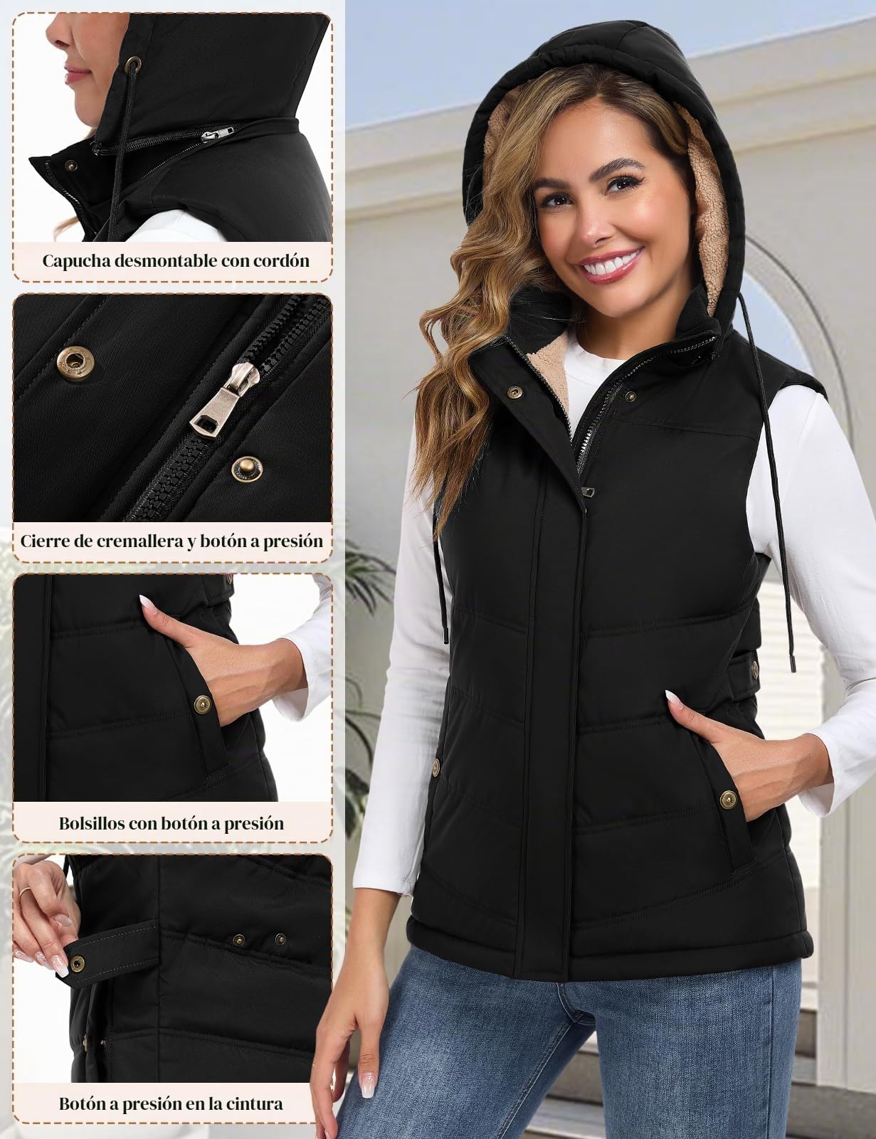 Tuopuda Chaleco Mujer Polar Chaleco Acolchado Invierno Termico Chaquetas sin Mangas con Capucha Desmontable Chalecos Exteriores con Bolsillos Outwear con Cremallera