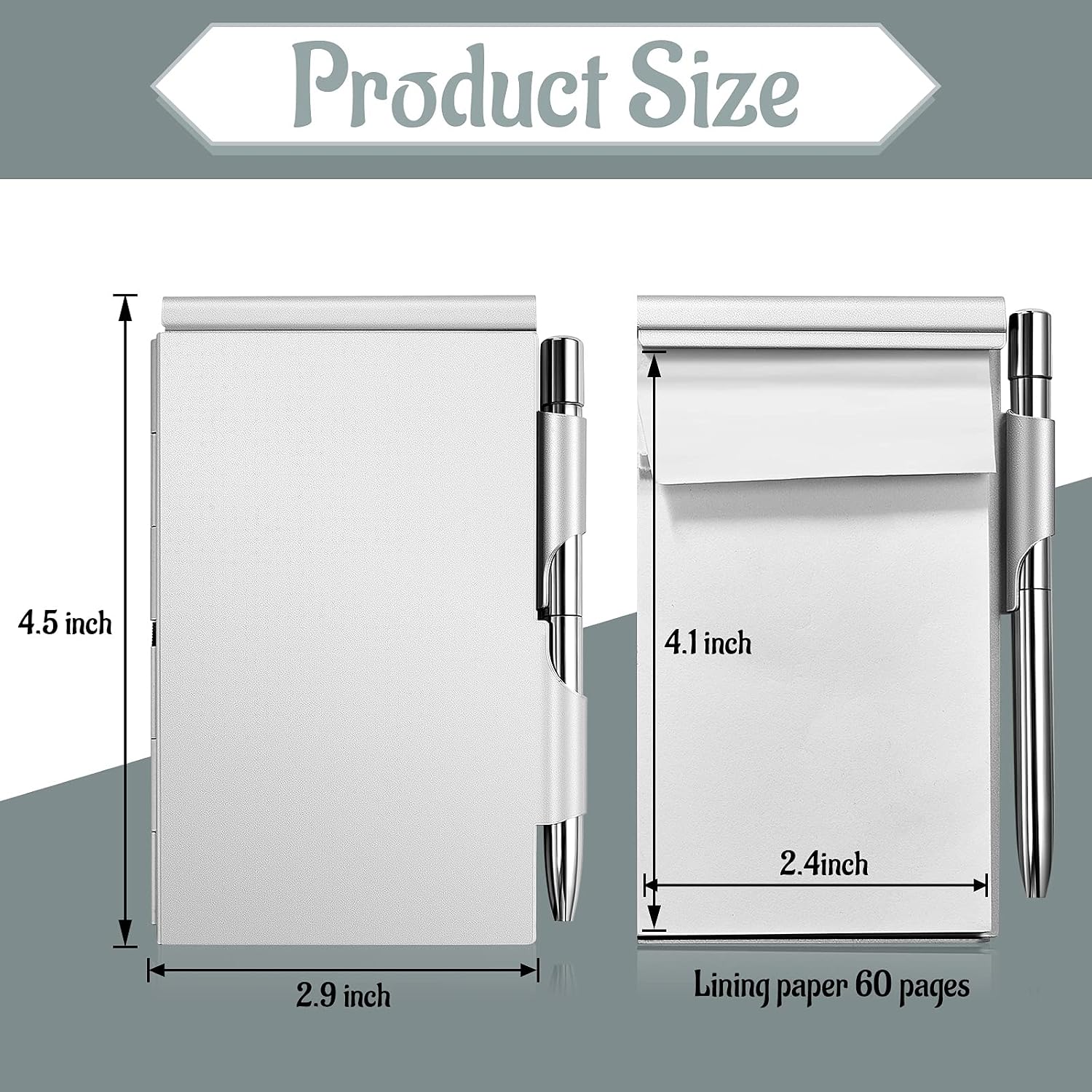 2 Pieces Metal Pocket Notebook with Pen and Refillable Paper, Aluminum Flip Office Notebook, Mini Notepad Holder, Small Journal Notebook with Pen Holder for Office School Supplies (Black, Silver)