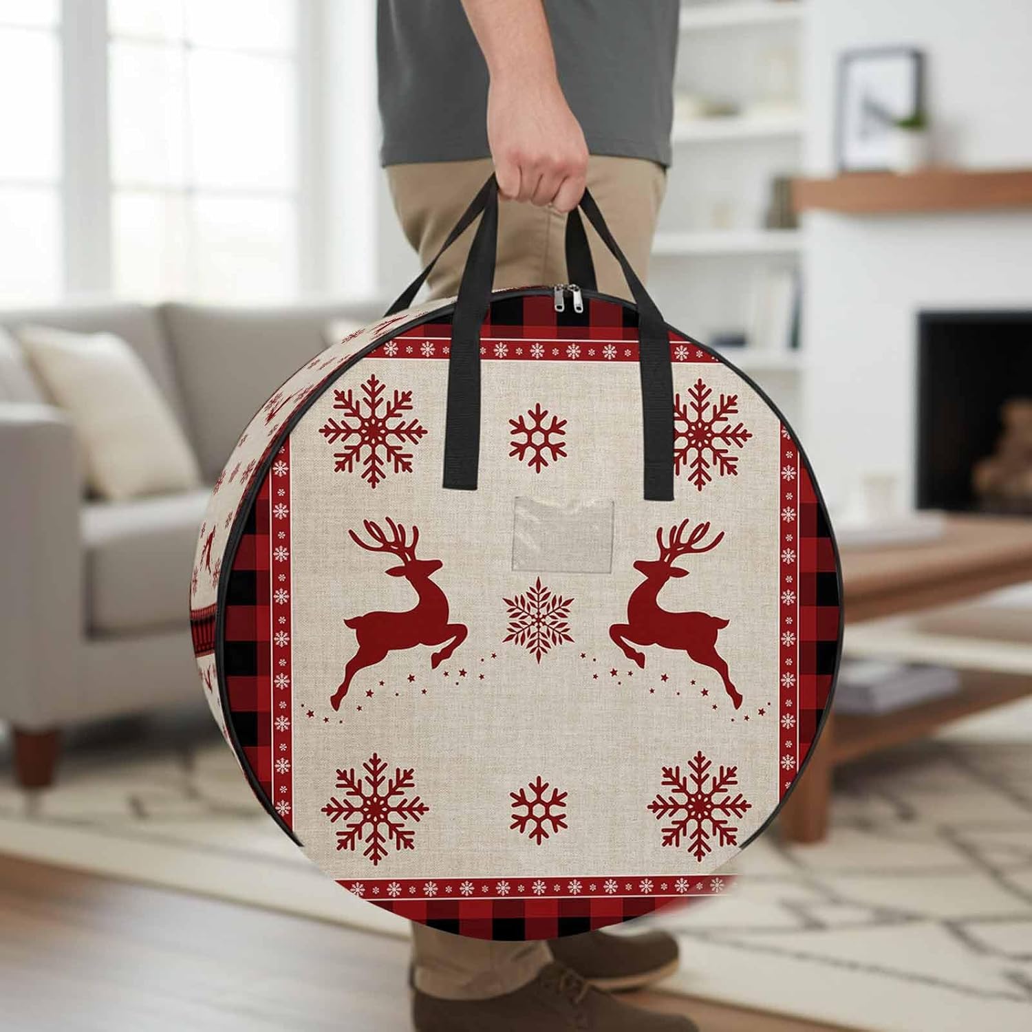 Christmas Elk Round Storage Bag 36 Inch, Snowflake Red Black Buffalo Plaid Clothes Storage Container with Handles Heavy Duty Organizer for Comforter, Bedding & Holiday Wreaths
