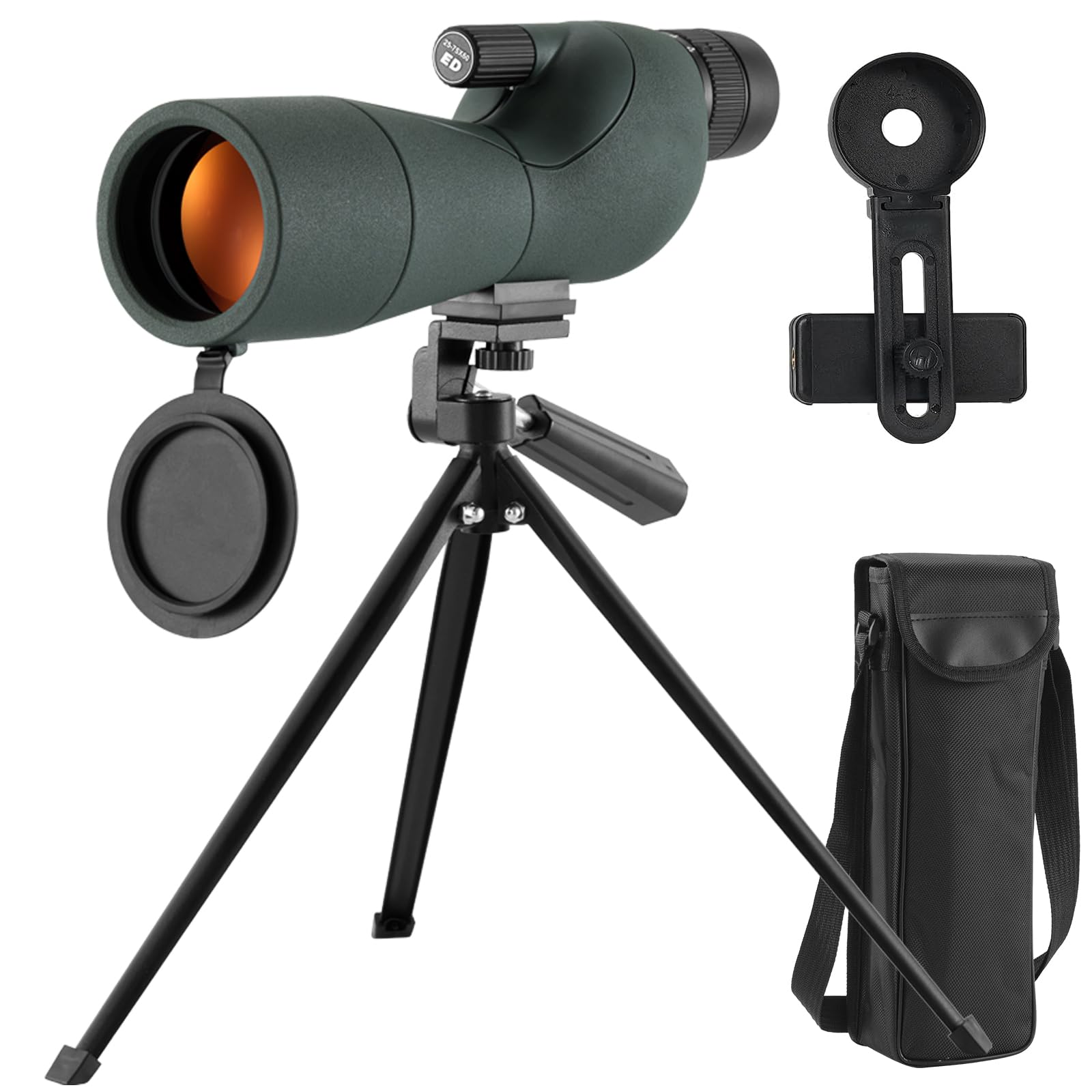 Cannocchiale, 25-75x60 Cannocchiale con Treppiedi, ED FMC Ottica Bak4 Prisma IPX7 Impermeabile Telescopio Spotting Scope con Smartphone Adapter per Tiro a Segno, Birdwatching, Caccia