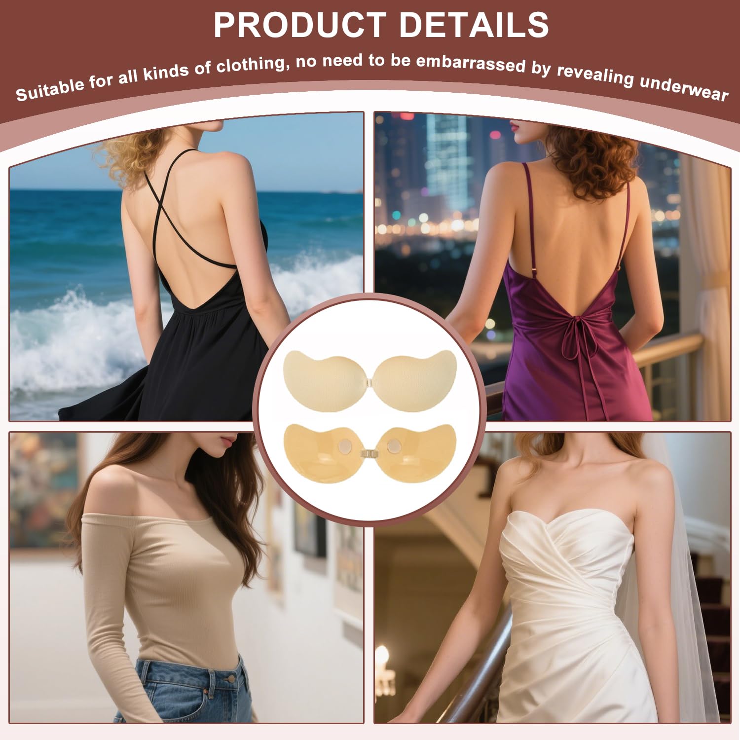 D.DUO Lot de 2 Soutiens-Gorge Adhésifs Femme, sans Bretelles Invisible en Silicone Antidérapant, Effet Push-up Idéal pour Dos Nu
