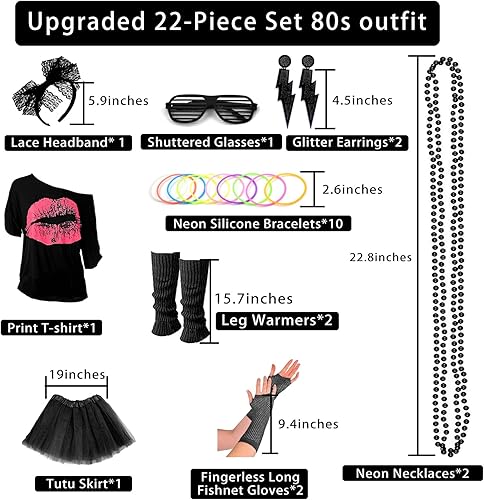 Miniatura 2 de Disfraz mejorado de los años 80 para mujer, conjunto de accesorios de disfraz de fiesta de los años 80 con camiseta, falda tutú, cintura, etc