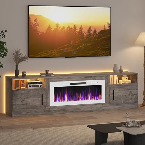 Lemberi Fireplace tv Stand with 36 inch White Fireplace Up to 90" TVs, LED Light Entertainment Center and Storage, 80" Modern Wood Media TV Console with Highlight Cabinet for Living Room (Gray)