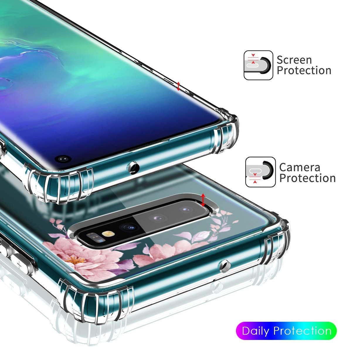 Hocase Galaxy S10 Case, Clear Hard Plastic Back Cover+Shockproof TPU Rubber Bumper Corners Hybrid Slim Protective Case for Samsung Galaxy S10 (SM-G973U) 6.1-inch 2019 - Rose Gold Flowers