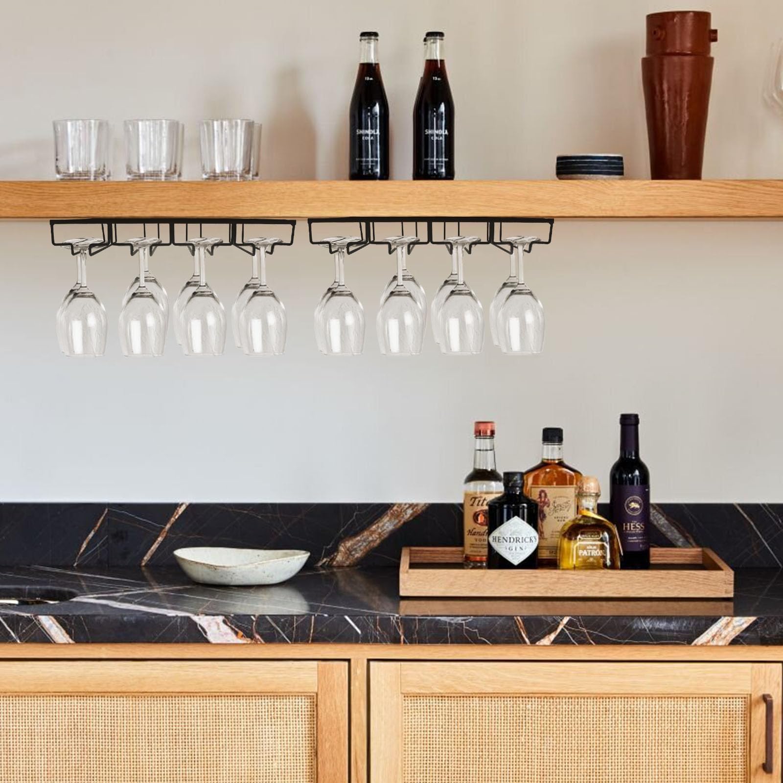 Porta Bicchieri Da Vino Sospeso - 4 Pezzi, Senza Foratura, Per Sottopensile, Nero