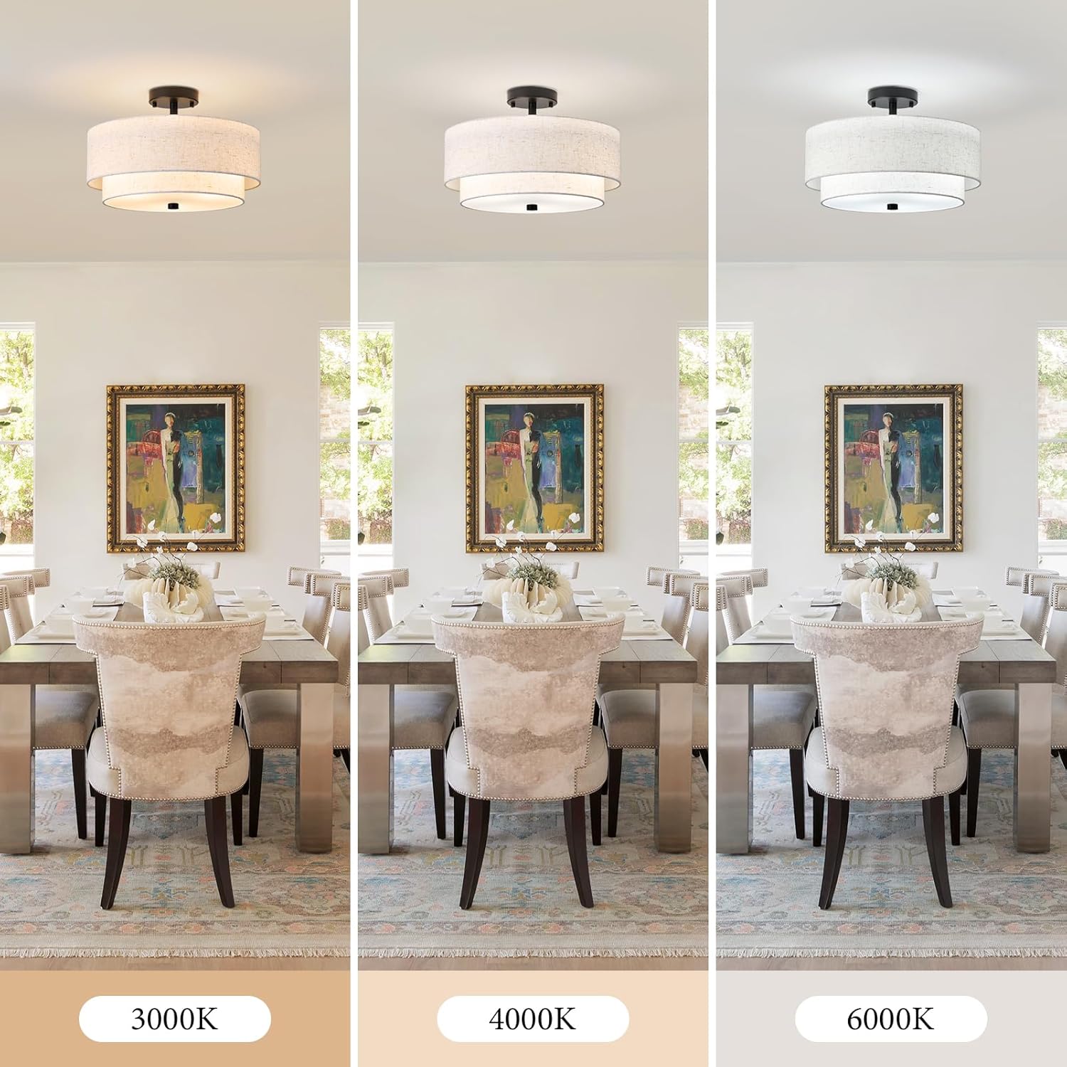 16" Semi Flush Mount Ceiling Light Fixture, Close to Ceiling Light Fixtures with Farmhouse Fabric Linen Shade, Double Drum Black Flush Mount Ceiling Light for Living Room Bedroom Dining Room Kitchen