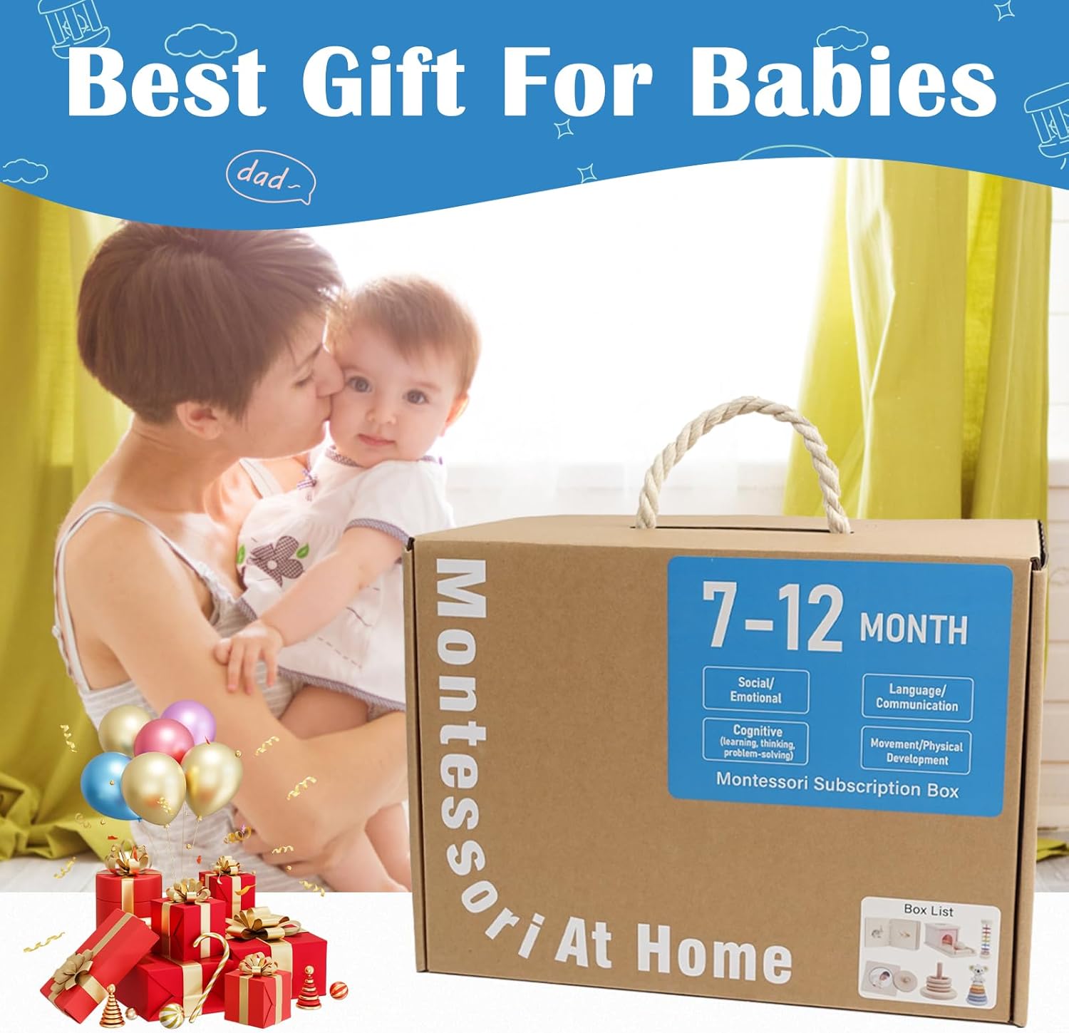 Montessori Toys for Babies 7-12 Months, Learning Educational Set Toys (Includes Wooden Book,Object Permanence Box,Puzzle, Ocean Rain Stick,Stacked Circle with Koala,Wooden Stacker)