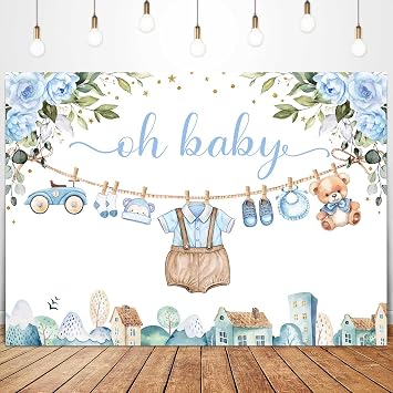 Sensfun Cute Clothes Baby Shower Backdrop for Boys Oh Baby Newborn Blue Floral Eucalyptus Leaves Adventure Baby Shower Party Decorations Banner Supplies Photo Booth Studio Props 7x5ft