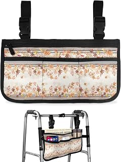 Fall Wheelchair Side Bag Walker Bag, Watercolor Maple Leaves Autumn Brown Retro Wheelchair Accessories Armrest Pouch, Organizer Storage Bag for Walkers, Rollators, Scooters, 7.3''x13''