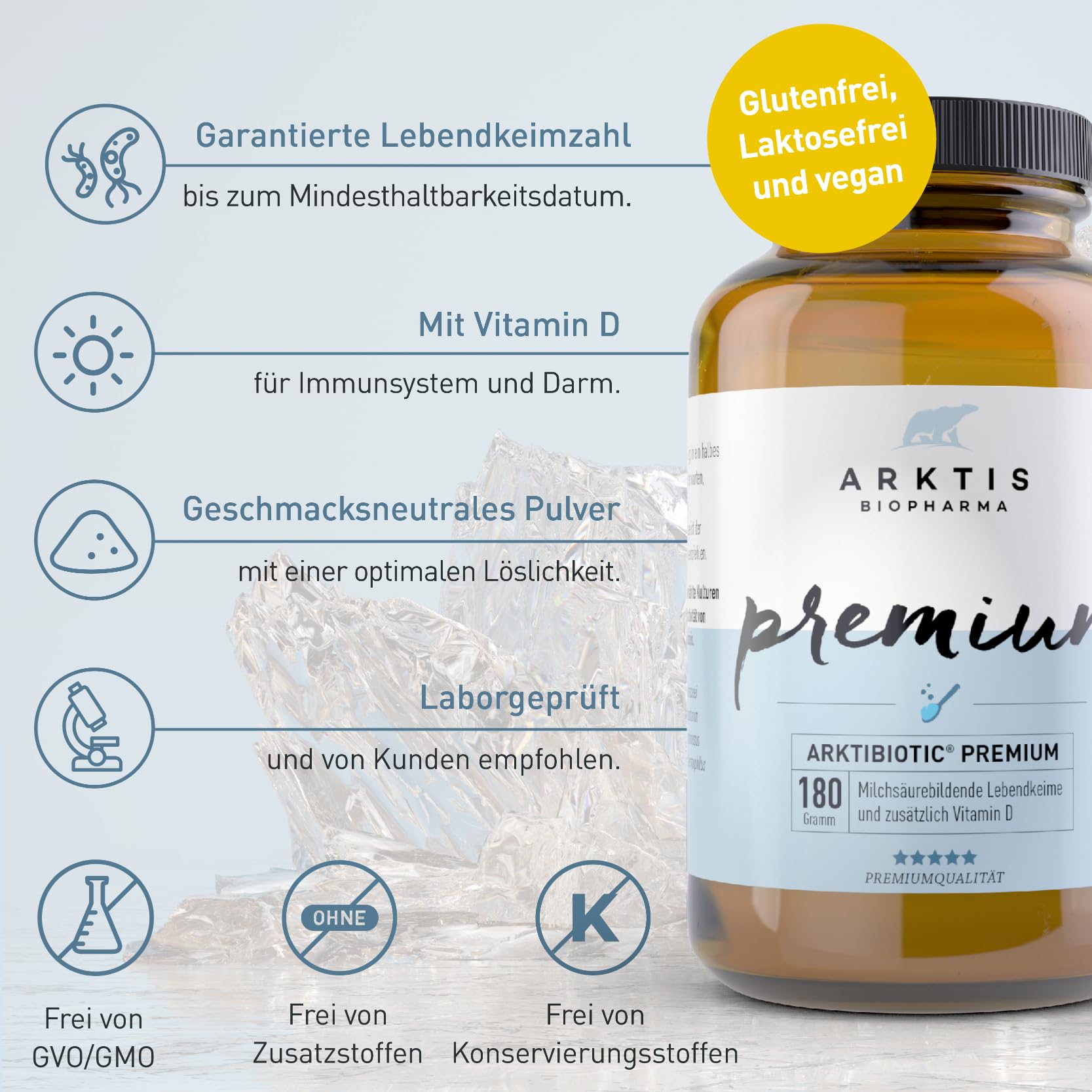 Arktibiotic Premium 180g Probiotika in Apothekenqualität + Vitamin D | Tägliche Darmkur mit 9 Milchsäurebakterien für Immunsystem & Verdauung