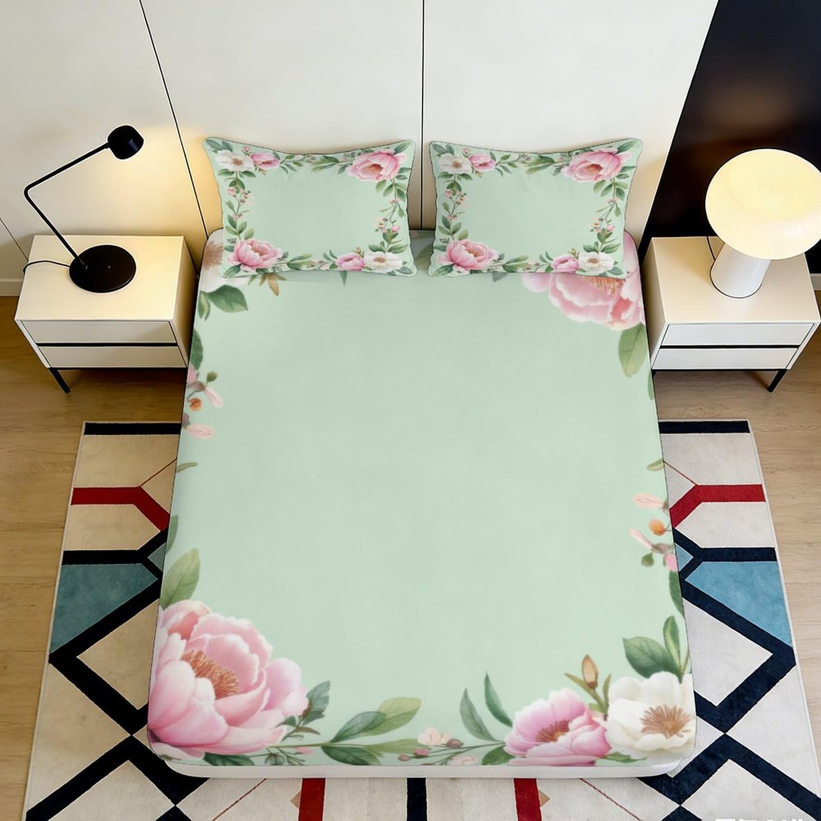 3D Printed Pastel Peony Fitted Sheet Microfiber Soft Floral Border Mattress Cover for Bedroom Guest Room Decor 90x200x25cm