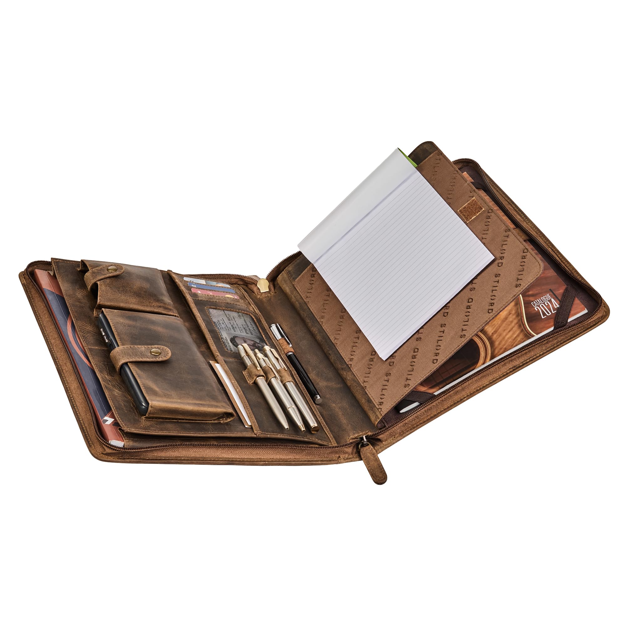 STILORD Wesley Elegante Dokumentenmappe Braun A4 Leder Konferenzmappe mit Reißverschluss - Große Ledermappe Echtleder Dokumententasche für Tablet 13 Zoll für Büro