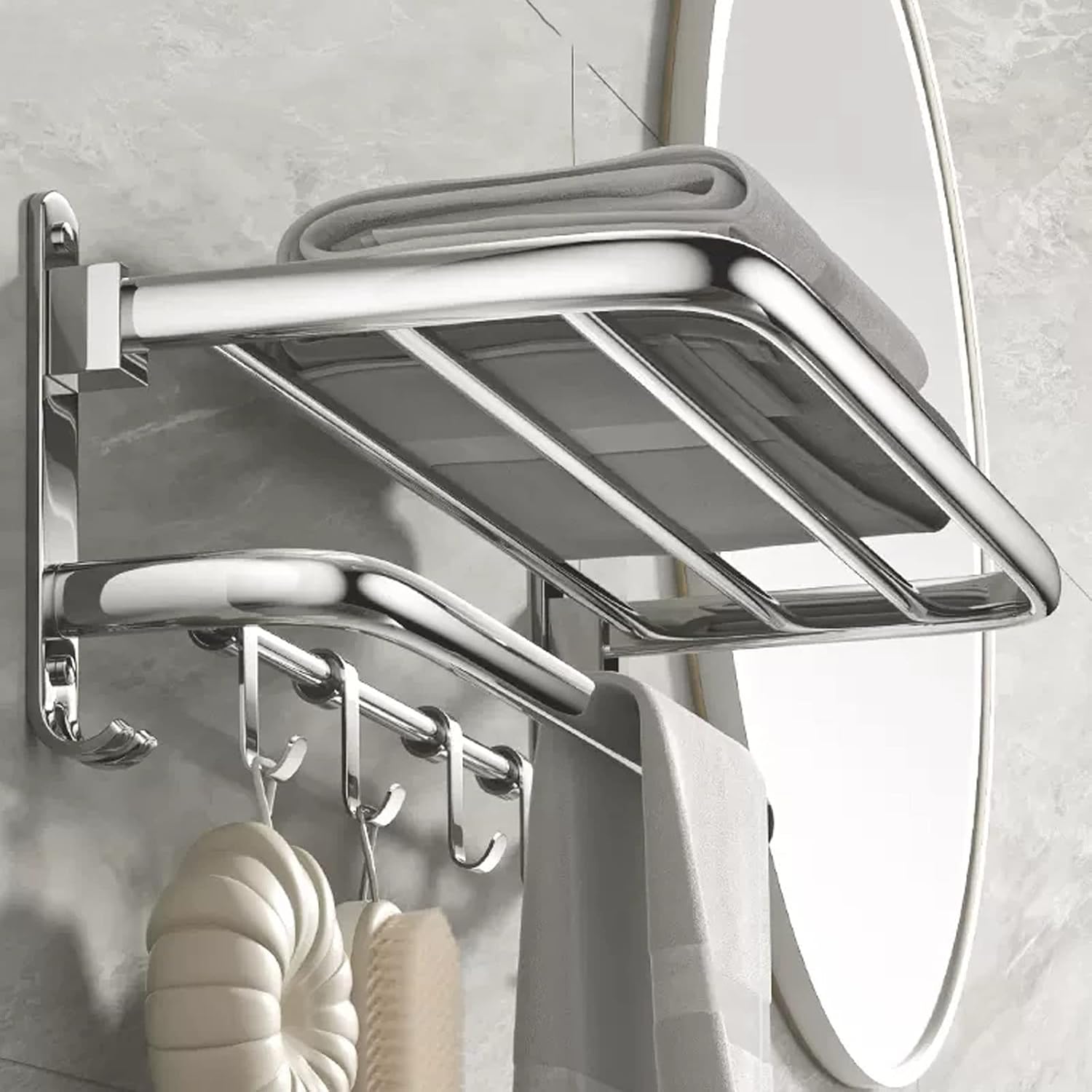 Bathroom Organiser Bathroom Shelf Lavatory Towel Rack Towel Shelf with Towel Bars and 5 Mobile Towel Hooks Wall Mount Towels Storage Holder, 304 Stainless Steel Finish Shower Shelv,One Color-L50cm