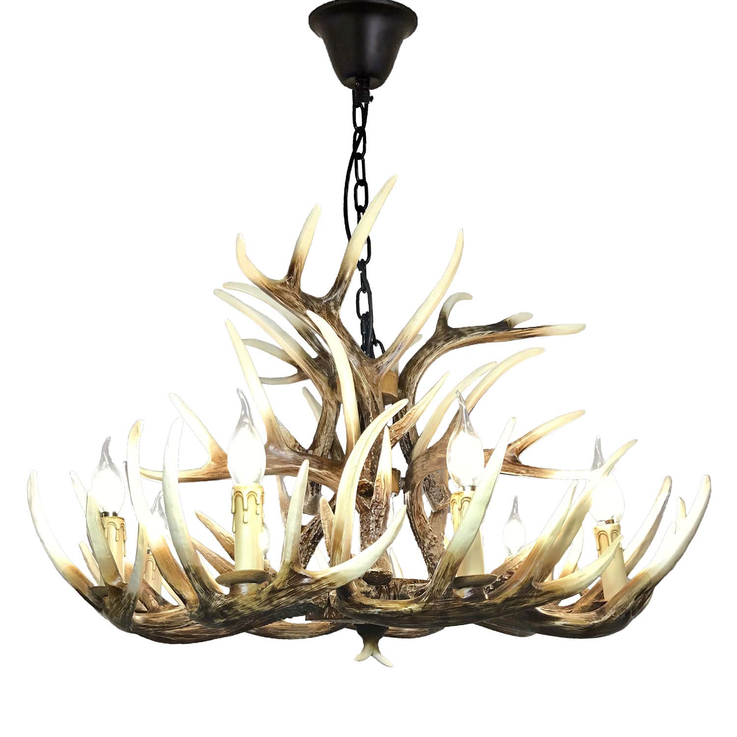 SYAXVOM American Deer Horn Chandelier 9 Lights + 6 Heads Vintage Style Resin Antler for Home,Bar,Cafe, Store, Retro Light with UL Approve E12 Lampholder （9+6 Heads）