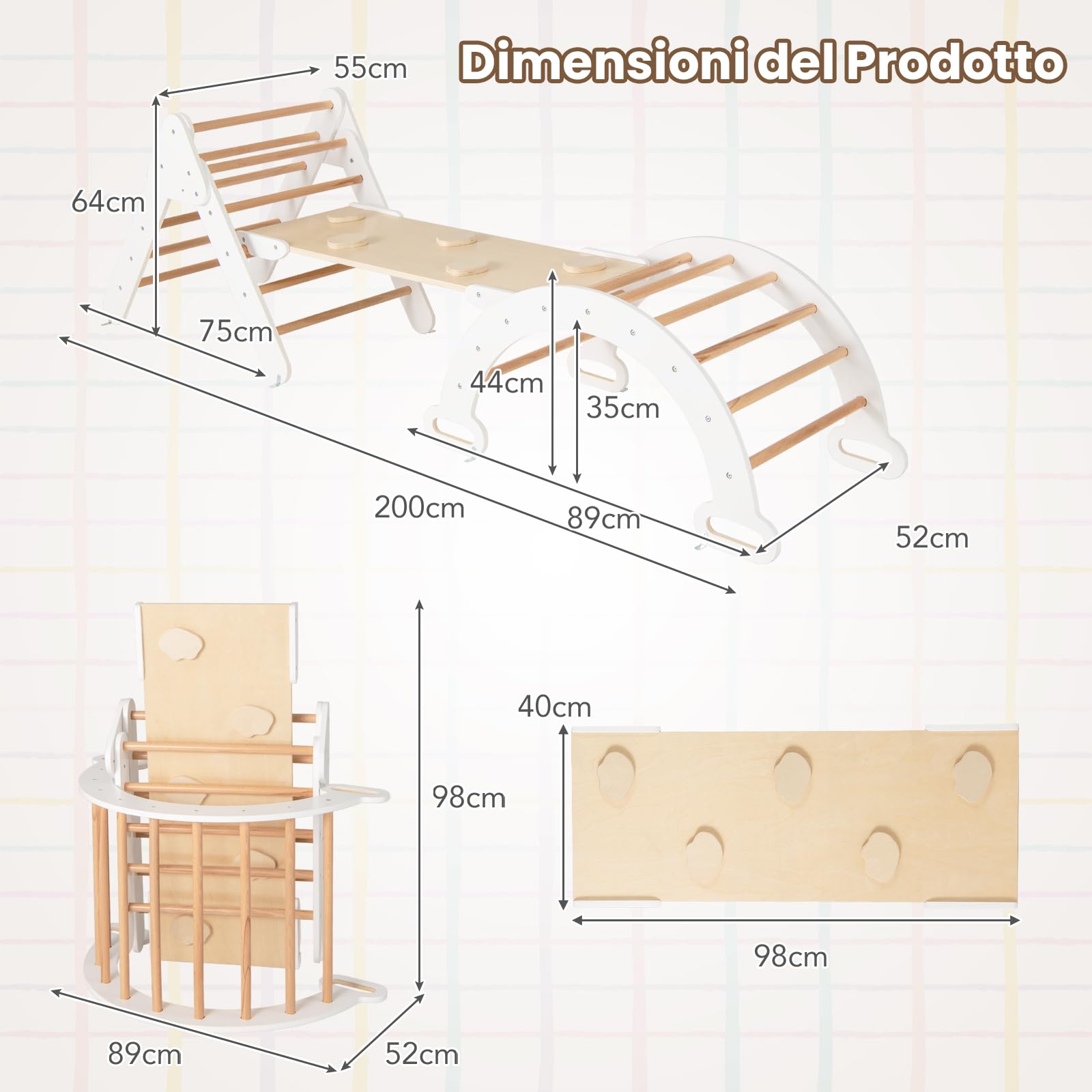 RELAX4LIFE 4 in 1 Triangolo da Arrampicata con Scivolo per Bambini, Arco da Arrampicata e Scala per Arrampicarsi in Legno, Montessori Giocattoli Bimbi 2 3 4 5 Anni