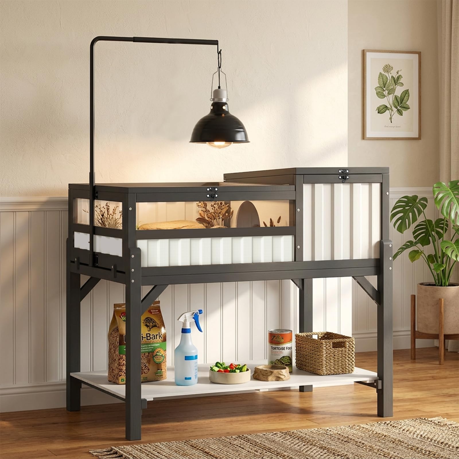 Tortoise Enclosure Indoor with Storage Shelf & Adjustable Light Stand