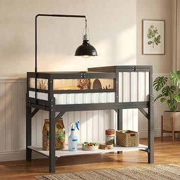PetsCosset Indoor Tortoise Enclosure Elevated Tortoise Table with UVB Lamp Stand & Storage Shelf, Two-Room Reptile Habitat with PVC Anti-Glare Panel for Sulcata Russian Hermanns Tortoise