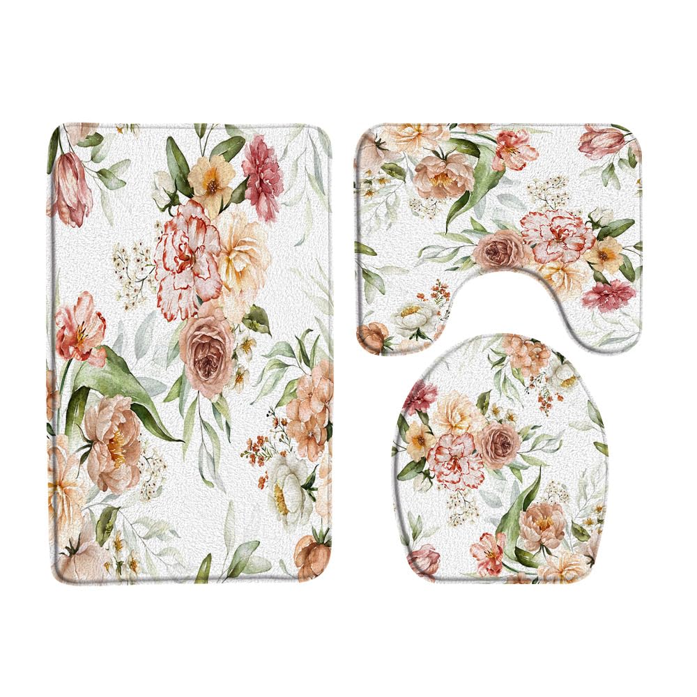Yadshoti 3pcs/Set Spring Flower Bath Rugs Watercolor Peony Floral Green Leaves Plant Pattern Print Low Pile Memory Foam Bathroom Decor Rug U Shape Mat Toilet Lid Cover 15.7 x 23.6 Inch