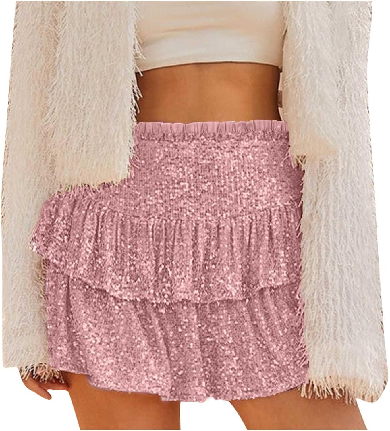 Women's Sequin Skirt Sparkly Cute High Waist Ruffle Flowy Shiny Glitter Mini Short Skirts Night Out Club Party