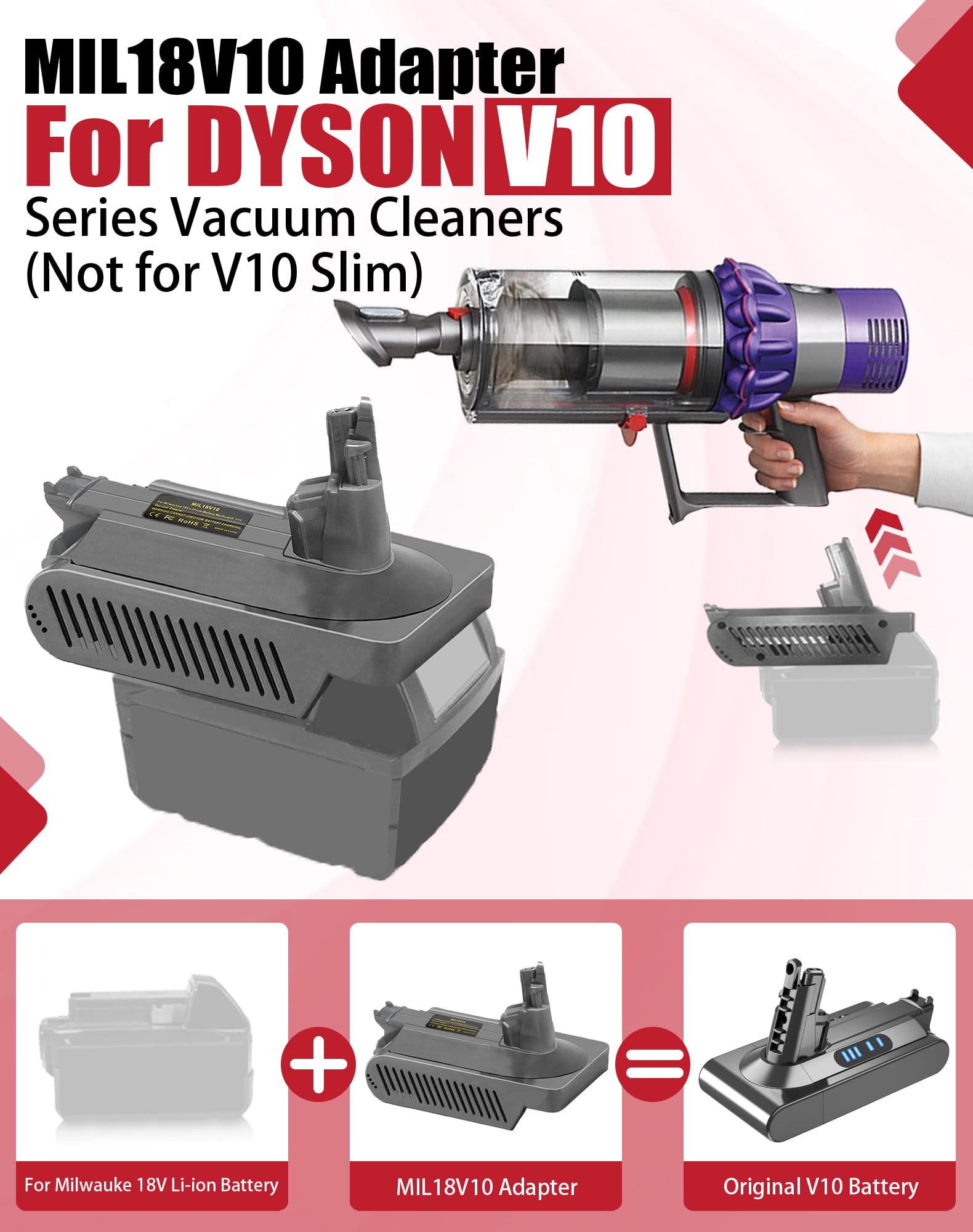V10 Adapter for Milwaukee M-18 18V Li-ion Battery Convert to for Dyson V10 Battery&Work for Dyson Cyclone V10 Animal Absolute Fluffy SV12 Vacuum Cleaner w/ Trigger Lock &Screwdriver(NOT FOR V10 Slim)