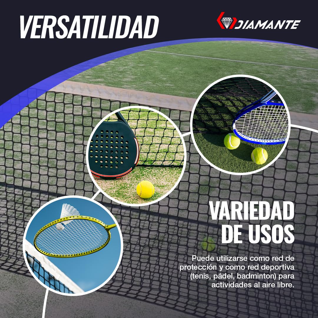 DIAMANTE Red Padel Profesional - Red Badminton y Padel Accesorios Hombre - 10x0,92m con Cable de Acero y Tratamiento Anti UV - Ideal para Redes Deportivas, Red Pickleball y Badminton Red