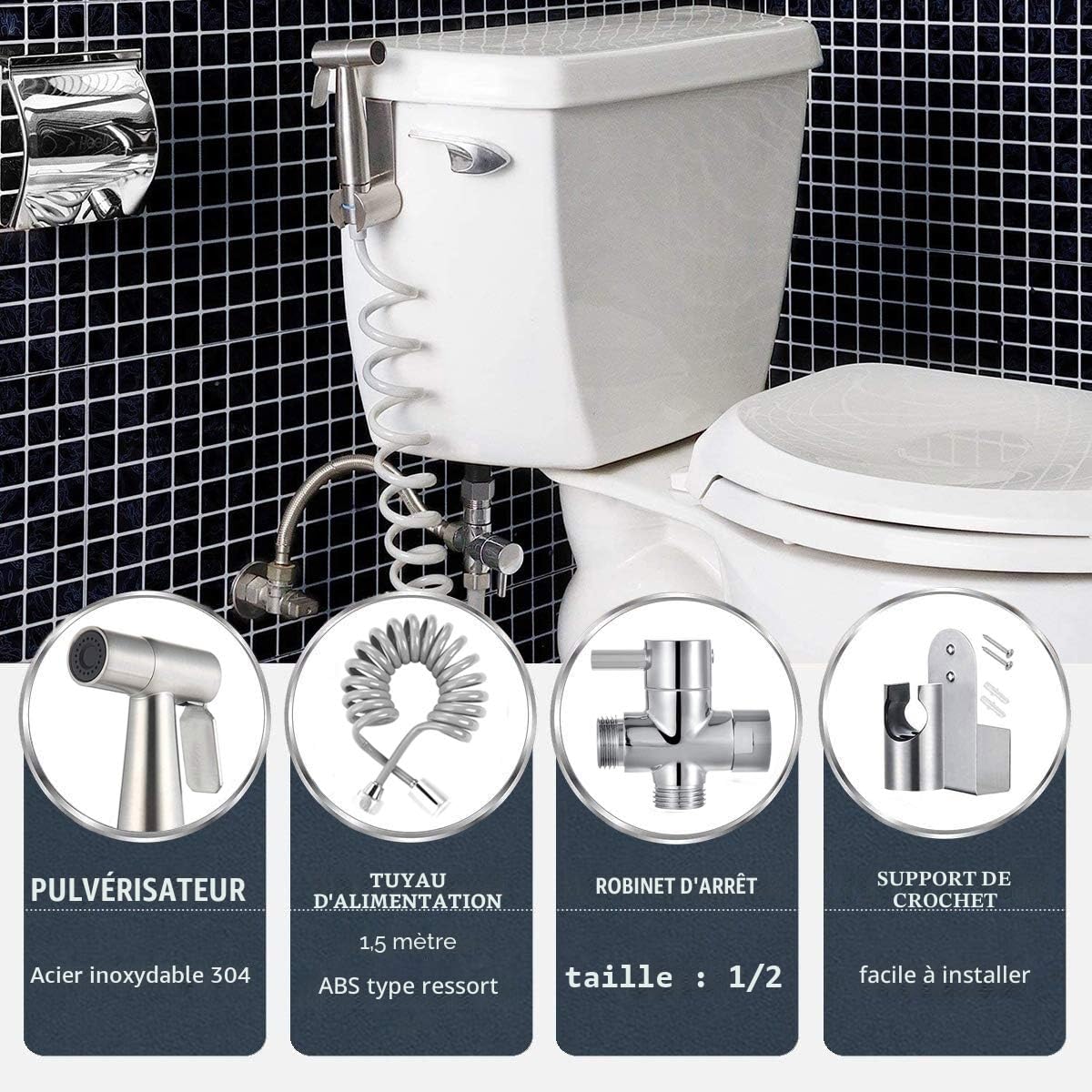 Pulvérisateur de bidet à main pour toilettes, salle de bain et bidet avec tuyau en ABS pour lavage féminin et animal domestique