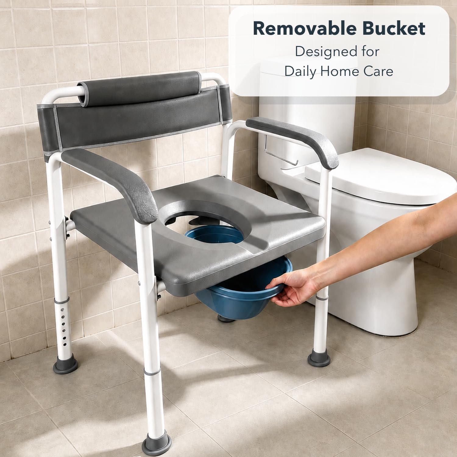 Bedside Commode Toilet with Extra Wide Seat and Backrest for Seniors, Heavy Duty 3-in-1 Commode Chair with Wide-Base Legs, 440 lb Capacity, Adjustable Height, Removable Bucket