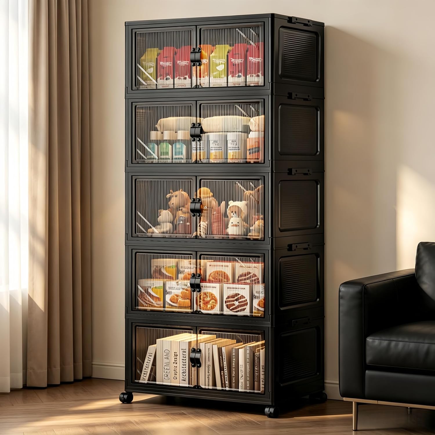 5Tier Foldable Storage Cabinet with Wheels Lid, 242QT Lar