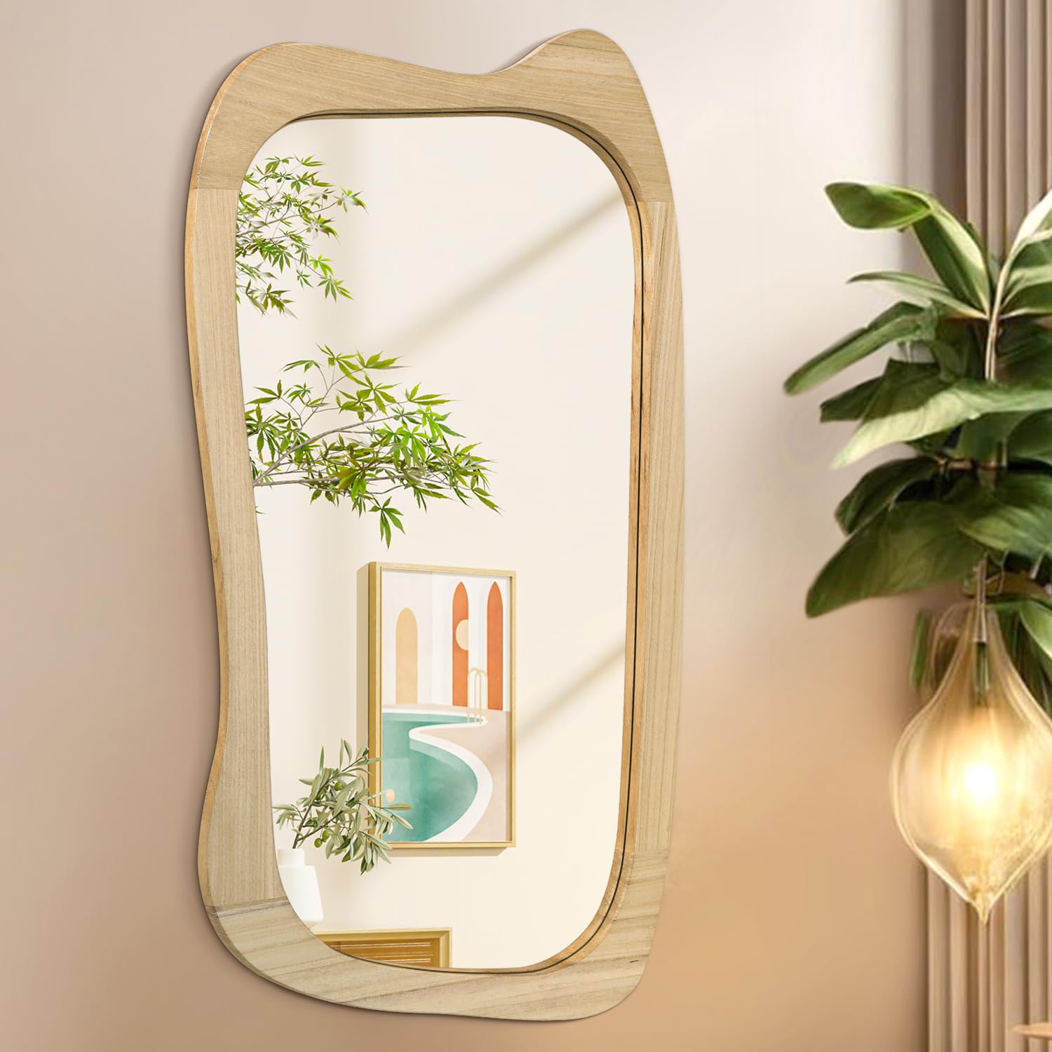 Aazzkang Beige Asymmetrical Wall Mirror Large 70X40cm Rustic Vanity Mirrors With Decorative Irregular Wood Framed For Bathroom Bedroom Living Room Hallway