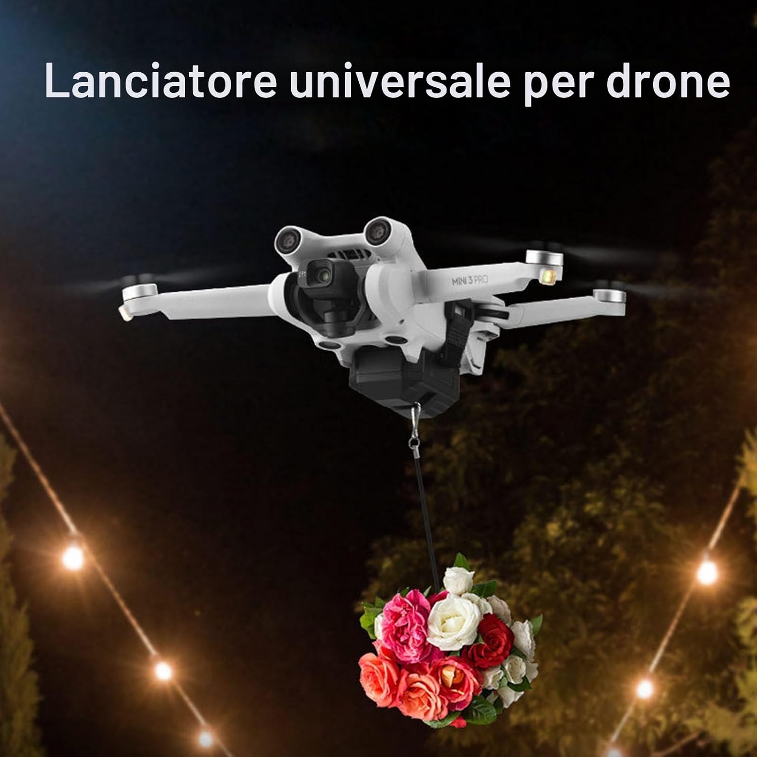 A drone flying at night with the LICHIFIT airdrop system attached, dropping a bouquet of flowers, illustrating its universal application.