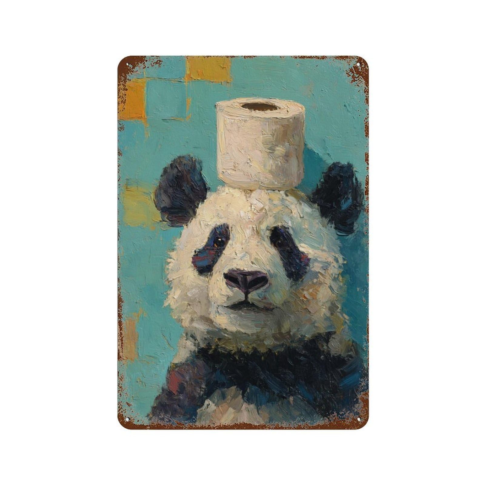 Panda with Toilet Paper on Head-1 11.8"x7.9" Distressed Metal Wall Sign, Retro Wall Decor for Garage, Bar And Workshop Decor