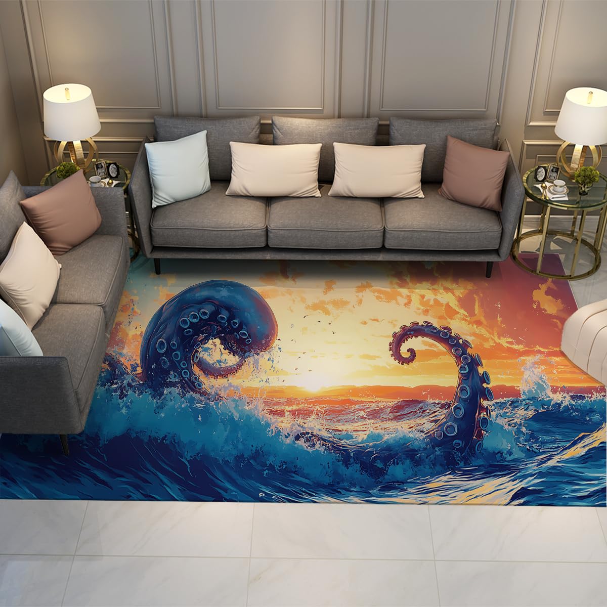 Tapis océan antidérapant et lavable motif pieuvre design