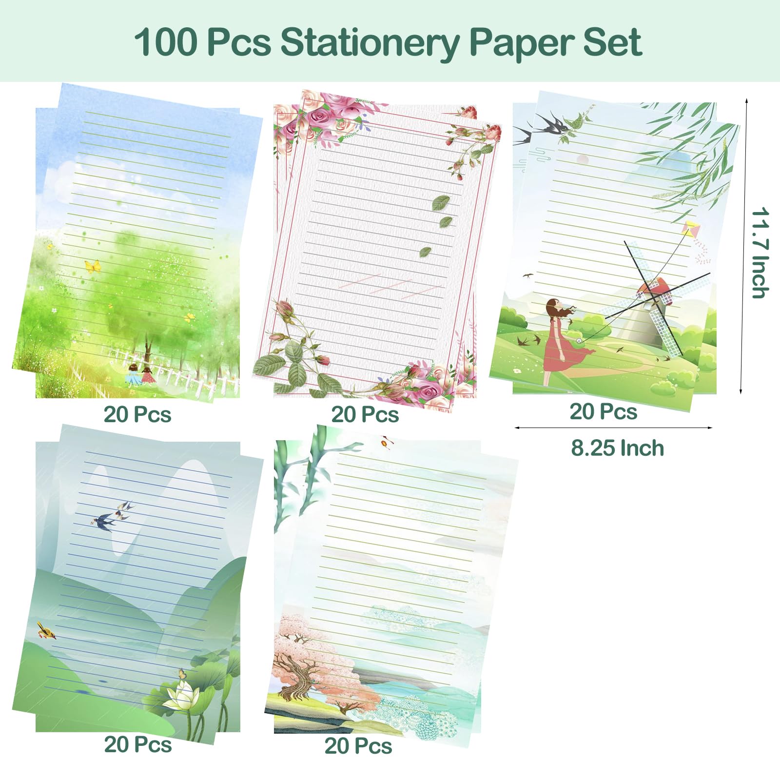100 papeles de papelería a rayas, hermosos diseños para escribir cartas, notas, invitaciones, manualidades, 5 estilos diferentes (11.7 x 8.25 pulgadas)