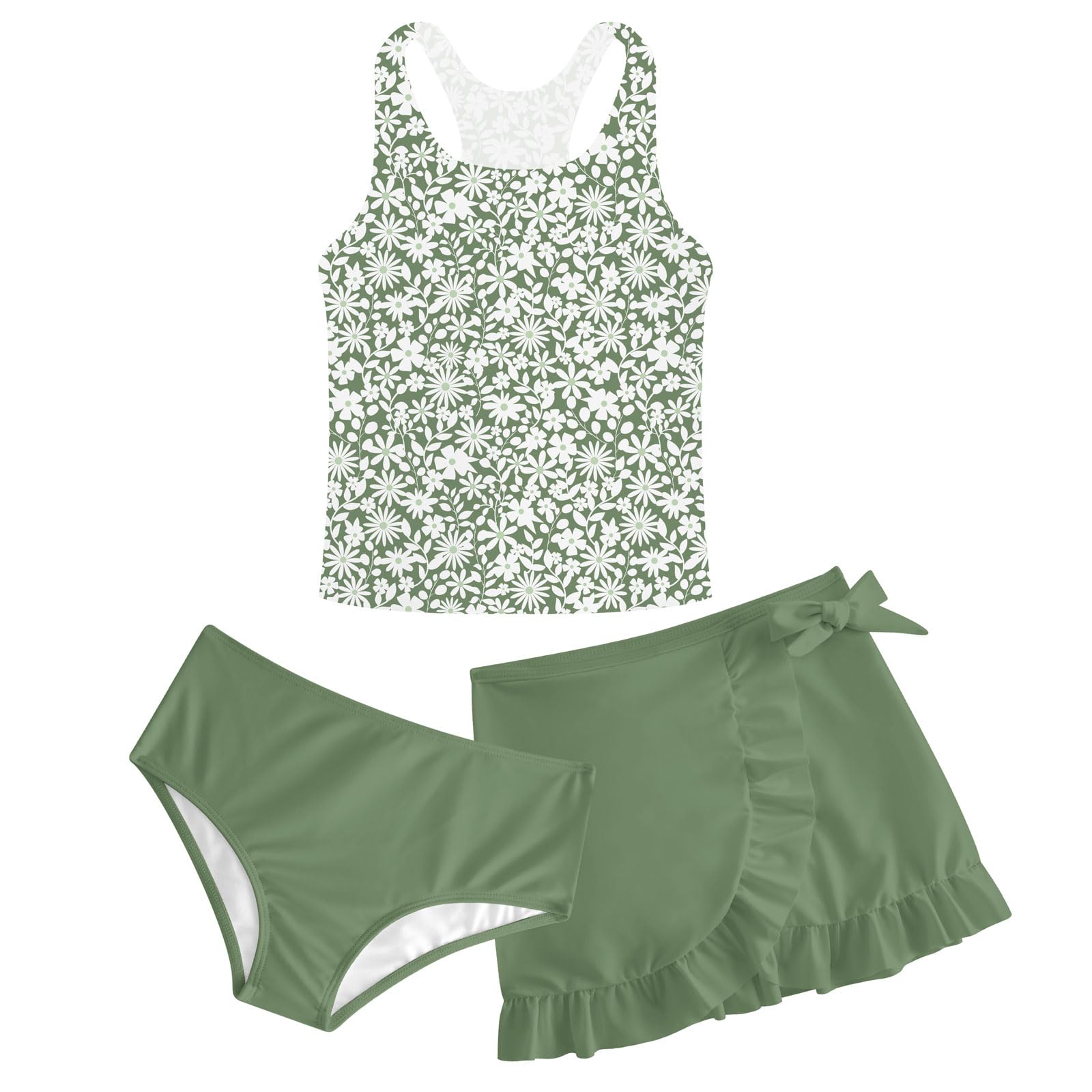 Girls Swimsuit 3 Piece Bathing Suit Quick Dry Tankini Set with Cover Up Beach Skirt Tankini Swimwear 5-16 Years