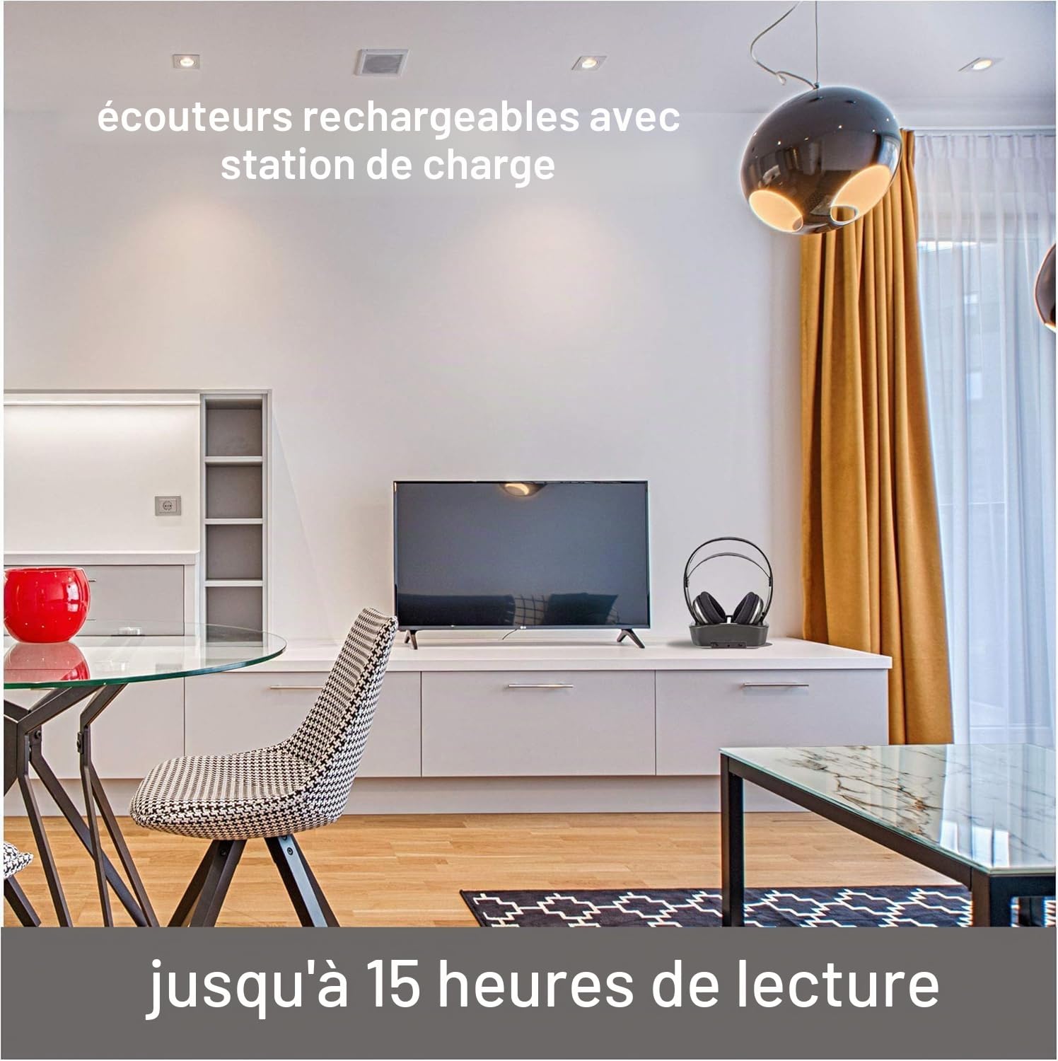 Casque TV sans Fil - RF - Tour d'oreille - Durée de Lecture maximale de Batterie: 11 Heures - 100 m - Audio numérique - Station de Charge - Argent/Noir