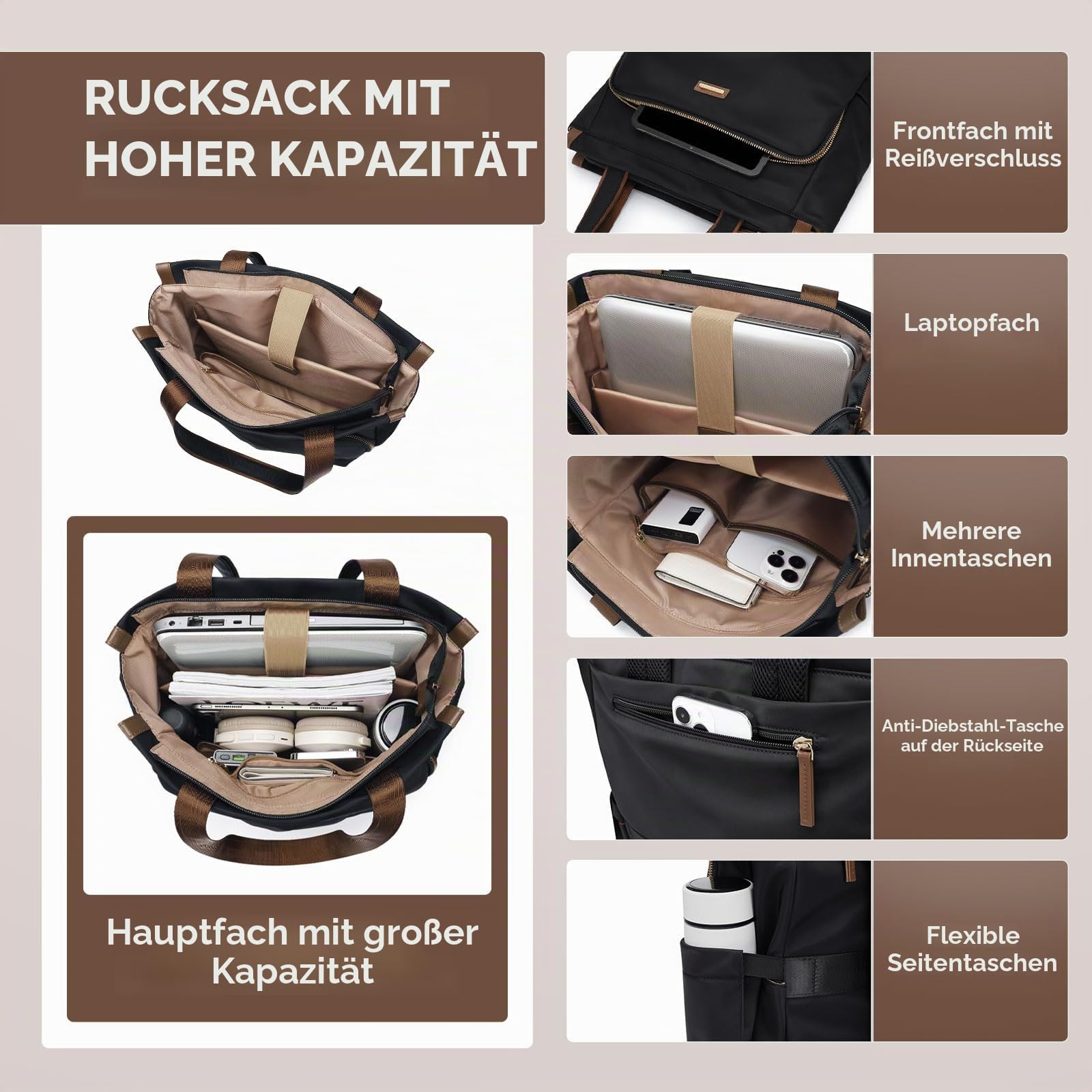 GOLF SUPAGS Convertible Laptop-Rucksack für Frauen Casual Daypack Notebook Tote Bag für Arbeit Hochschulen Reisen Freizeit (Schwarz)