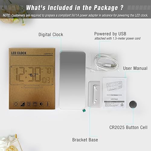 Miniatura 10 de Reloj despertador para dormitorio, reloj digital de escritorio LED de 6.7 pulgadas, reloj de espejo de noche para niños y adolescentes con fecha y