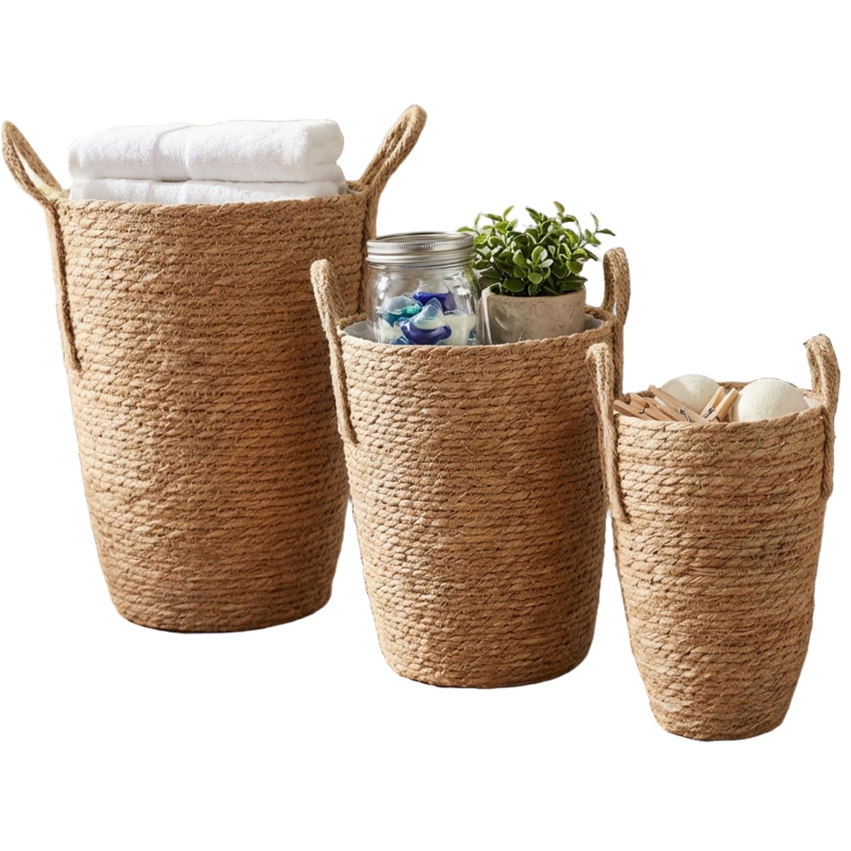 Fioriera in rattan da 3 pezzi, cesto per piante intrecciato in alghe marine di 3 dimensioni con rivestimento impermeabile, cestini per piante da interno con maniglia per la decorazione domestica del
