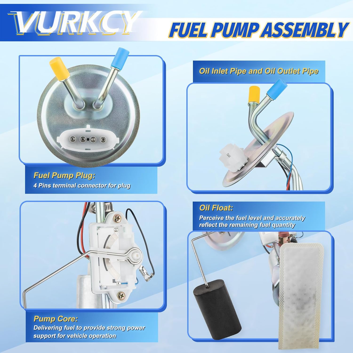 Vurkcy Electric Fuel Pump Module Assembly with Sending Unit Compatible with 1987 1988 1989 Ford F150 F-250 F-350, L6 4.9L/ V8 5.0L 5.8L 7.5L, with Rear Steel Tank, Replace OE E2104S EP2068H