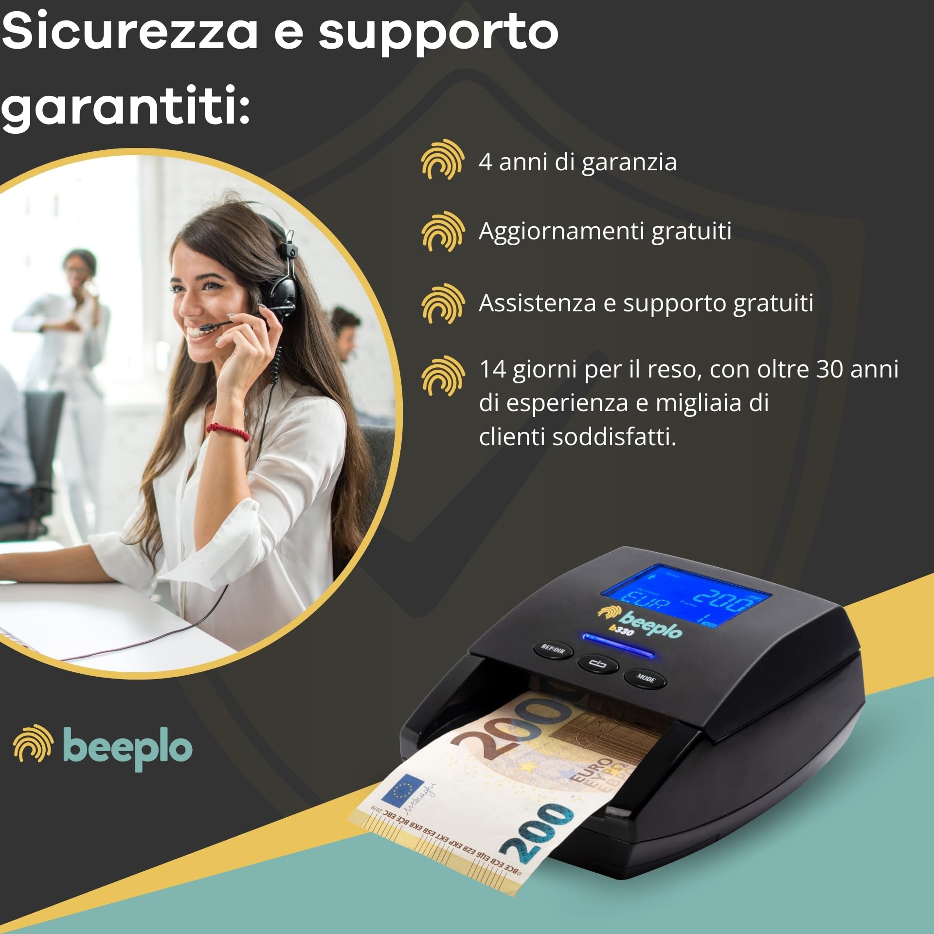 b330 Rivelatore di Banconote False Con Batteria | Detezione 100% Affidabile, Verifica Simultanea di 5 Valute EUR, GBP, CHF, NOK, SEK, Garanzia 4 Anni