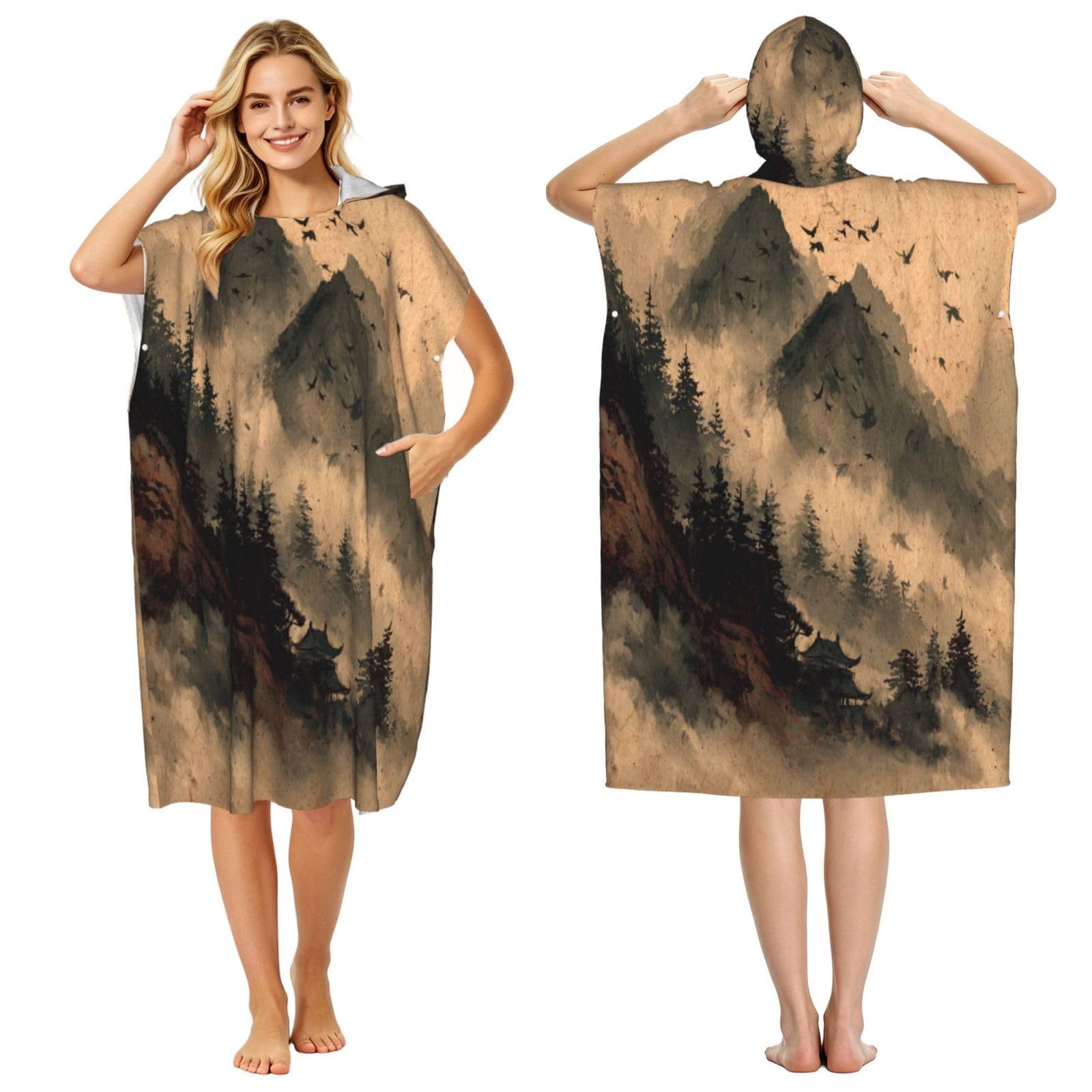 KLGRTJHK Ink Wash Painting Adult Hooded Beach Poncho Towel 43"X35"
