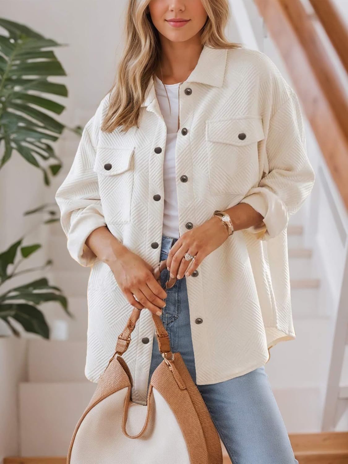 Women's Button Down Shacket Jacket - Casual Long Sleeve Oversized Shirt with Pockets for Spring Fall - Image 2