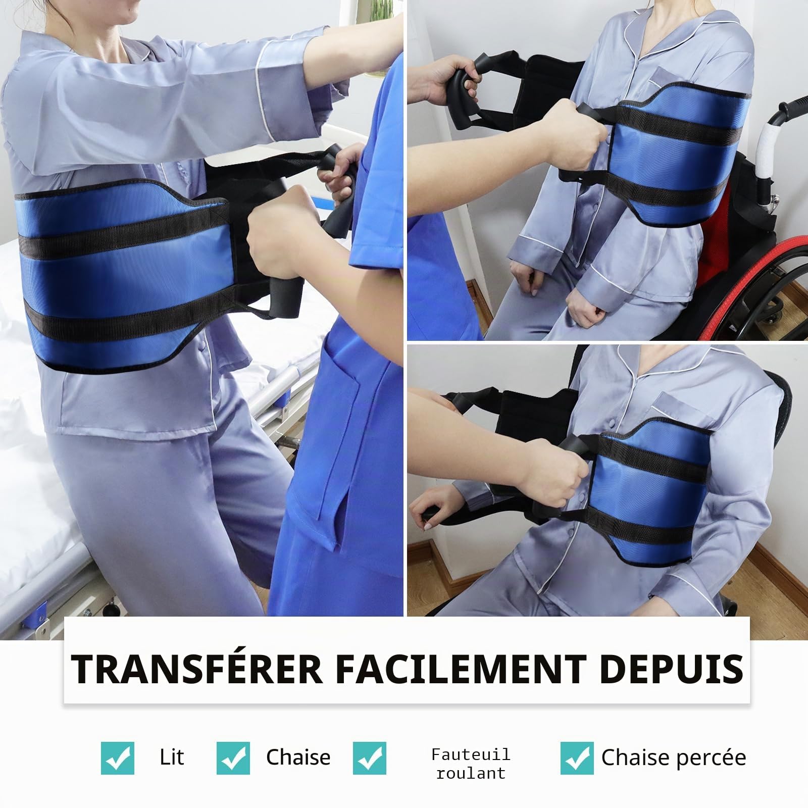 LOSCHEN Sangle de transfert de 110 cm, pour personnes handicapées, personnes âgées, gériatriques, blessées, en toute sécurité, en voiture, fauteuil roulant, lit (bleu, extra large)