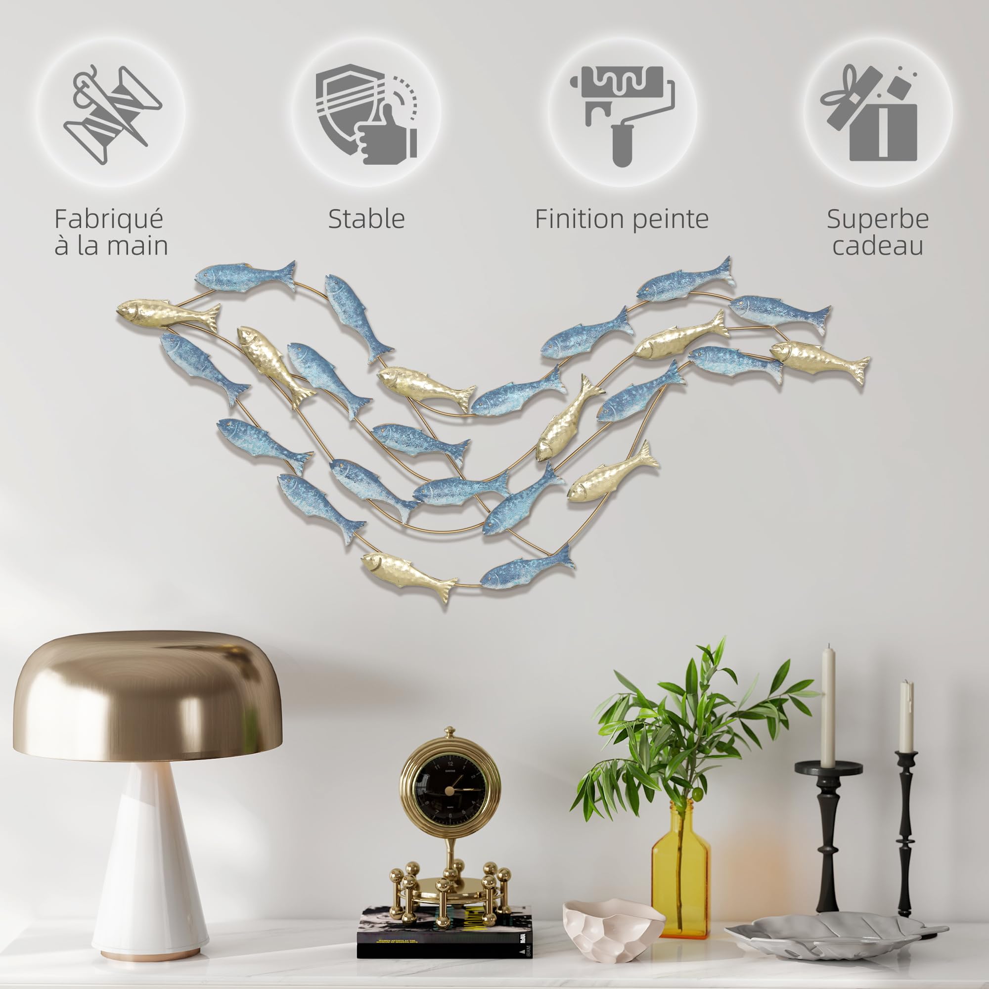 HOMCOM Décoration murale en métal moderne Poisson 100 x 50 cm bleu clair
